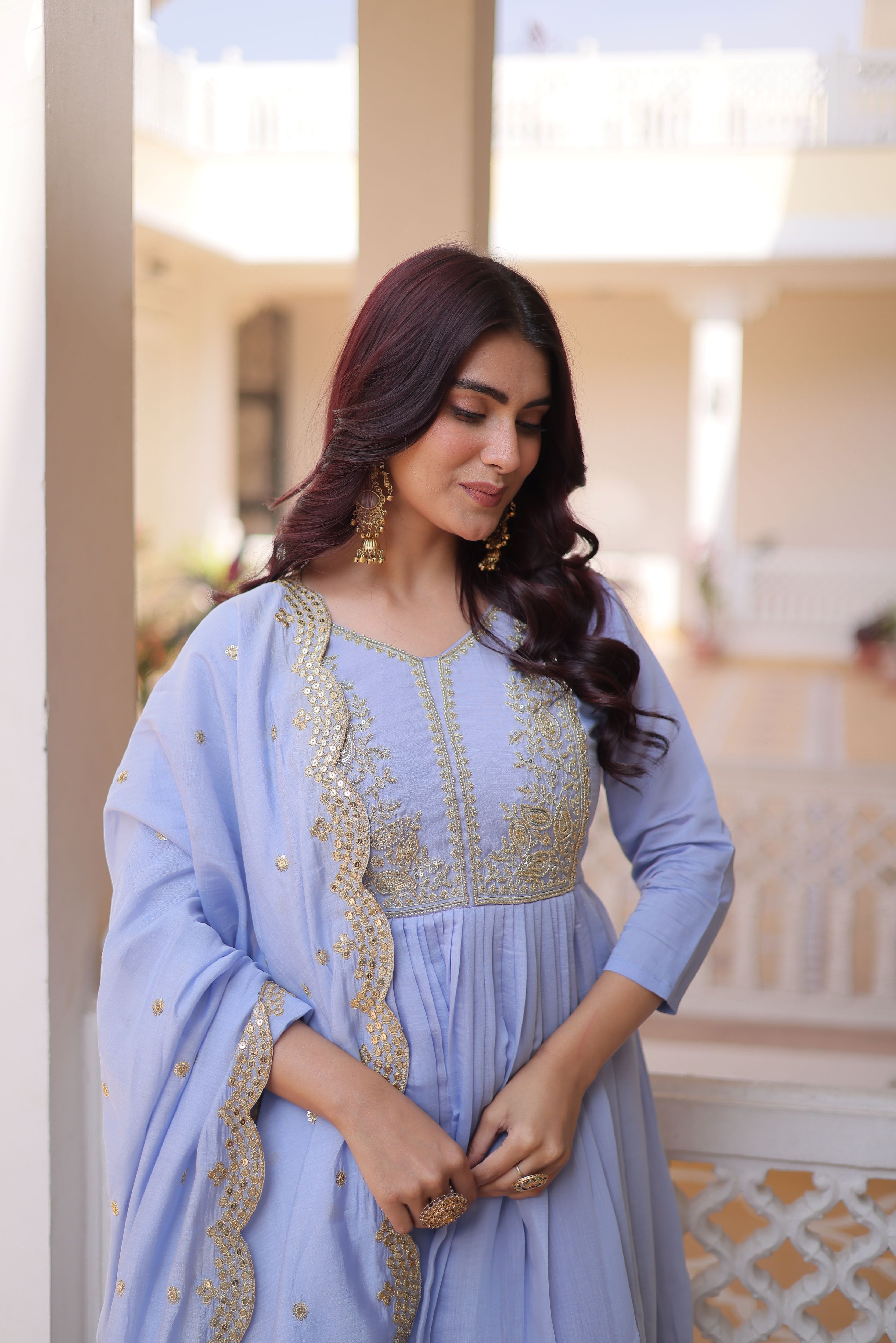 Mull Chanderi Embroidered Kurti-Pant With Dupatta