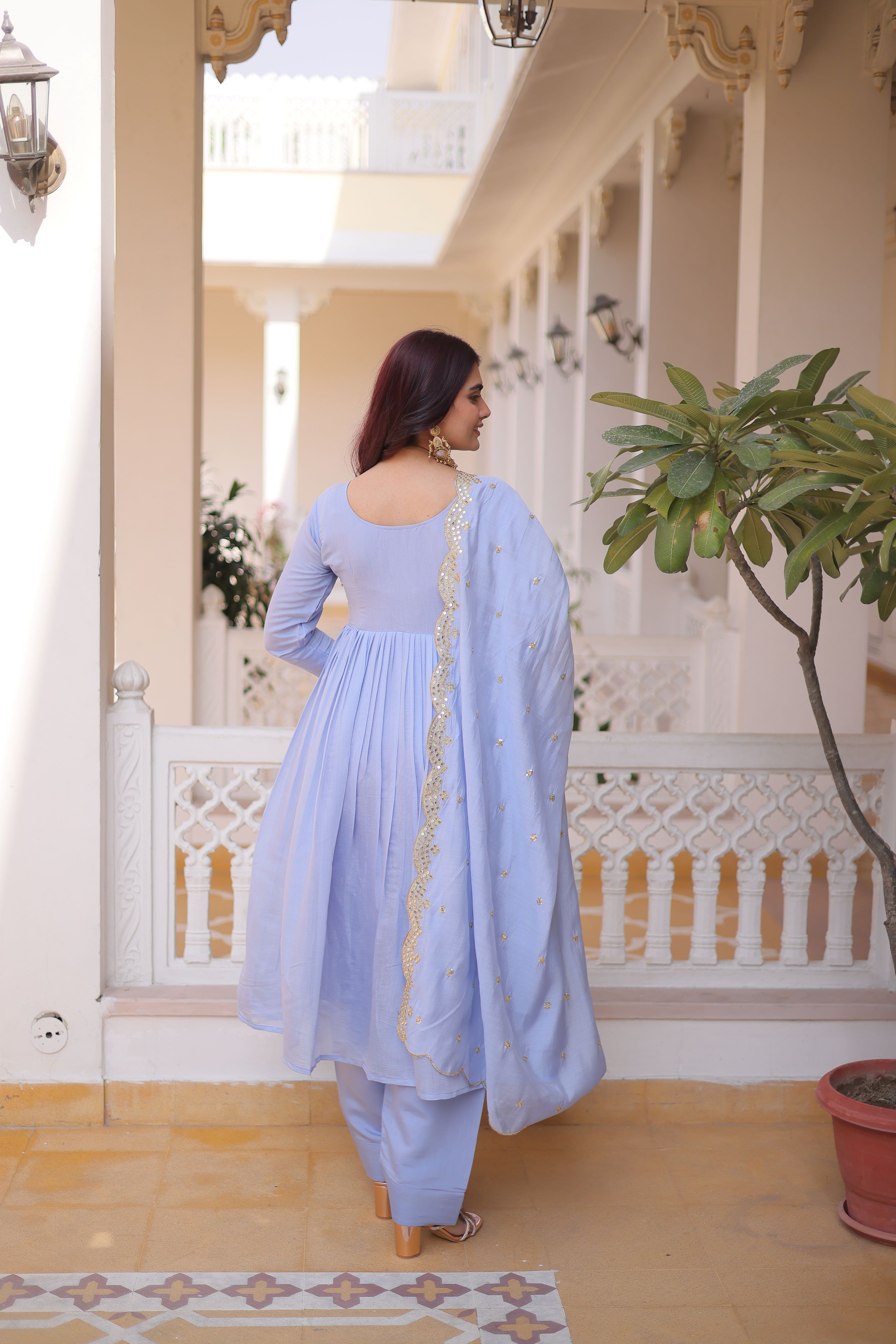 Mull Chanderi Embroidered Kurti-Pant With Dupatta
