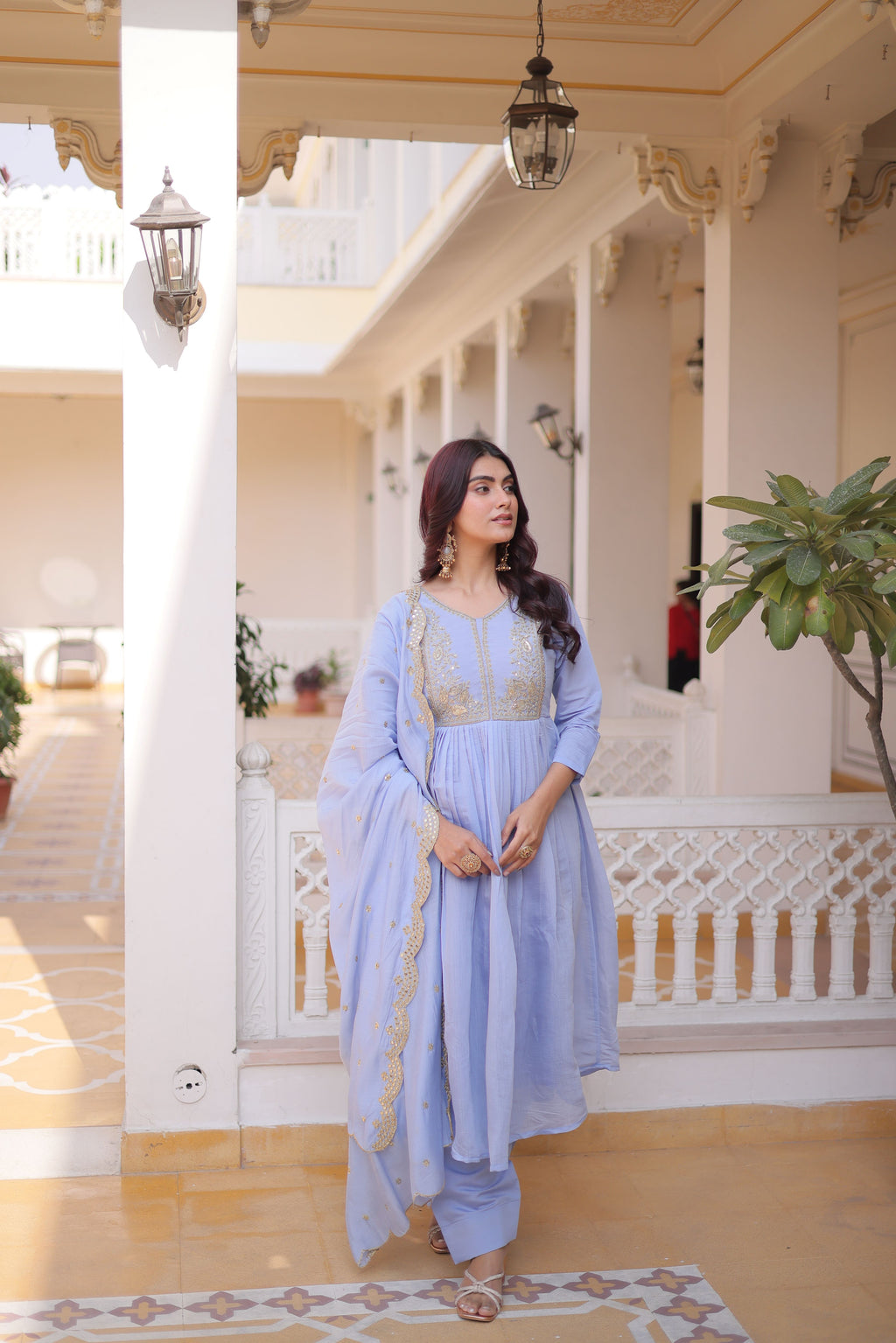 Mull Chanderi Embroidered Kurti-Pant With Dupatta