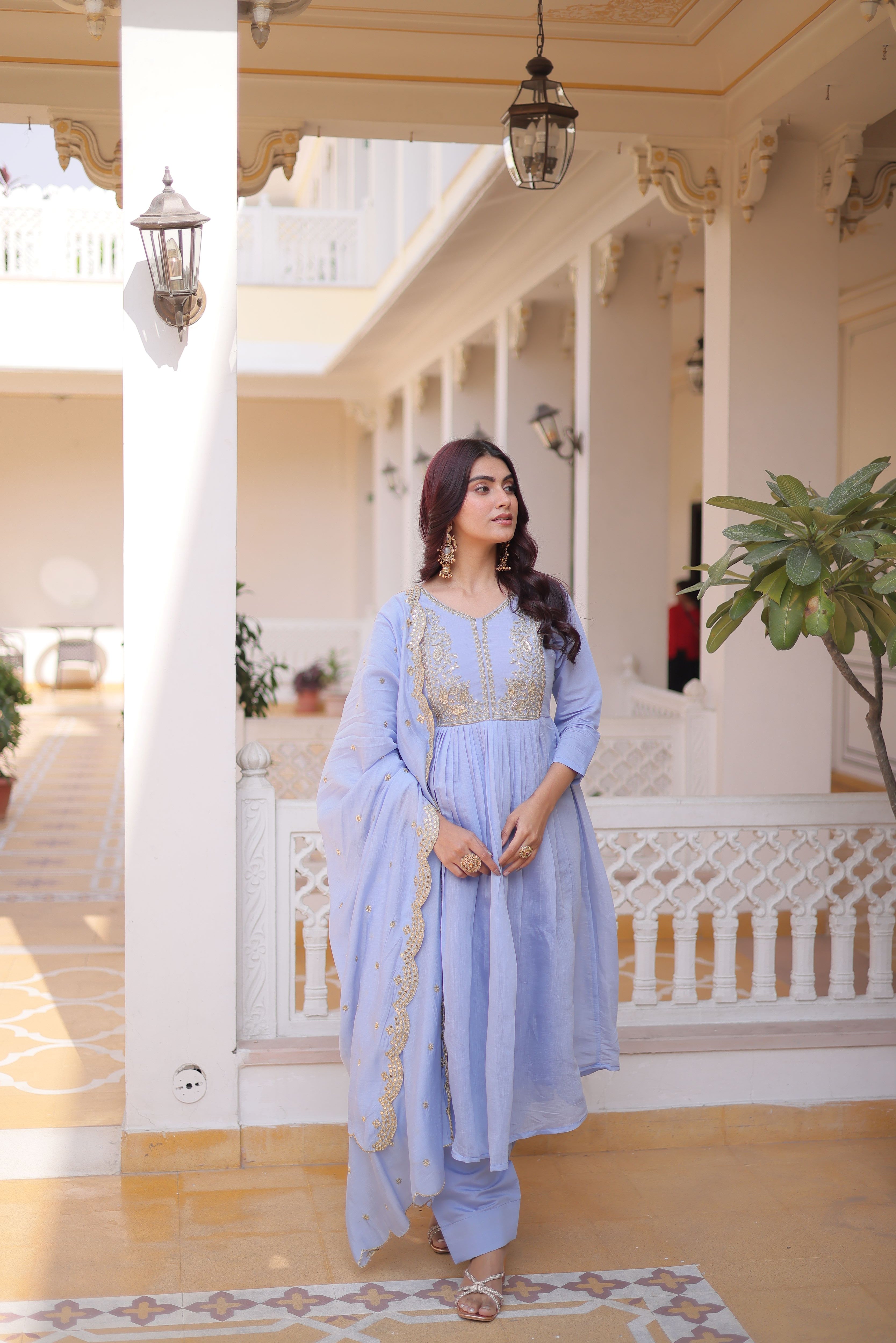 Mull Chanderi Embroidered Kurti-Pant With Dupatta