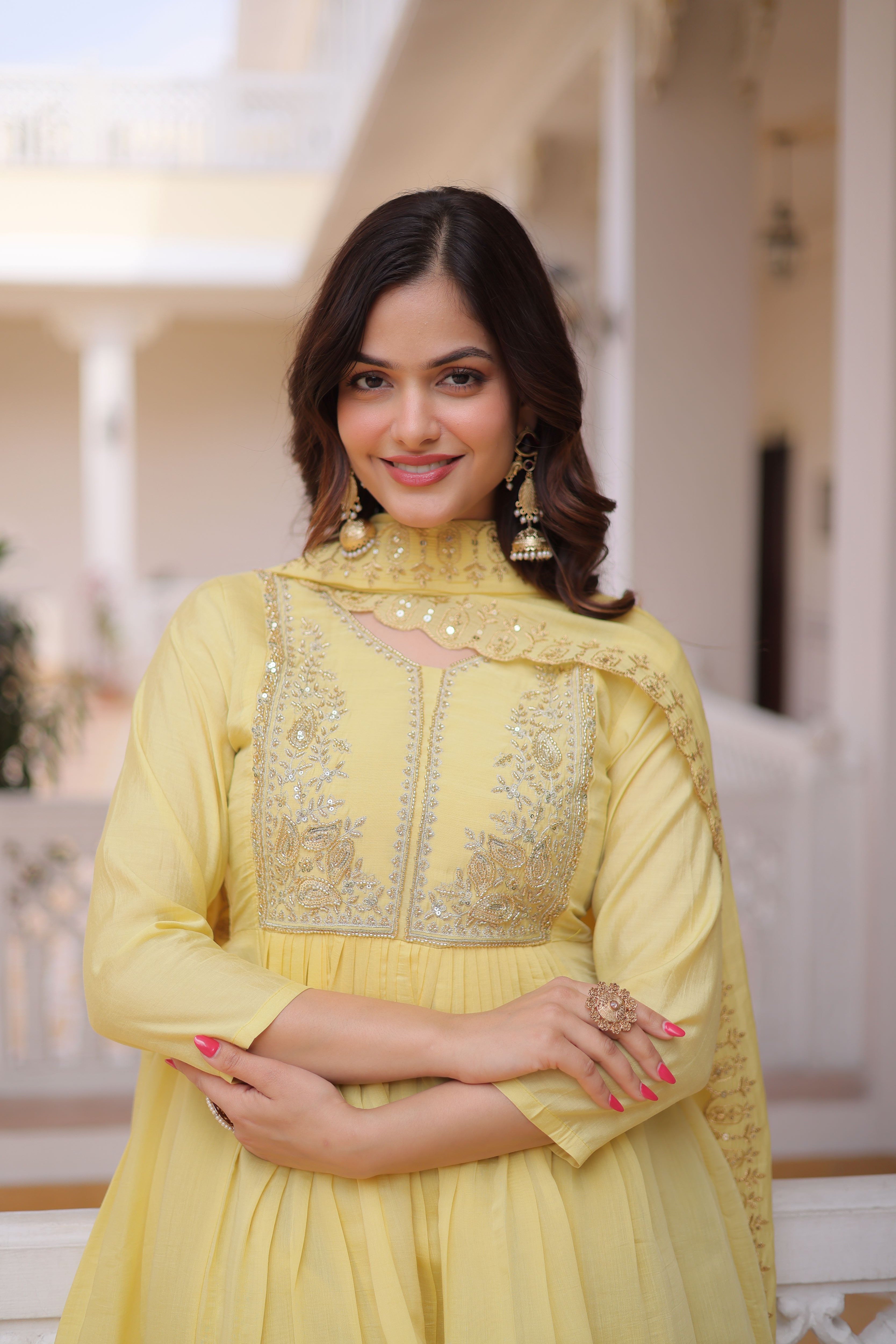 Mull Chanderi Embroidered Kurti-Pant With Dupatta