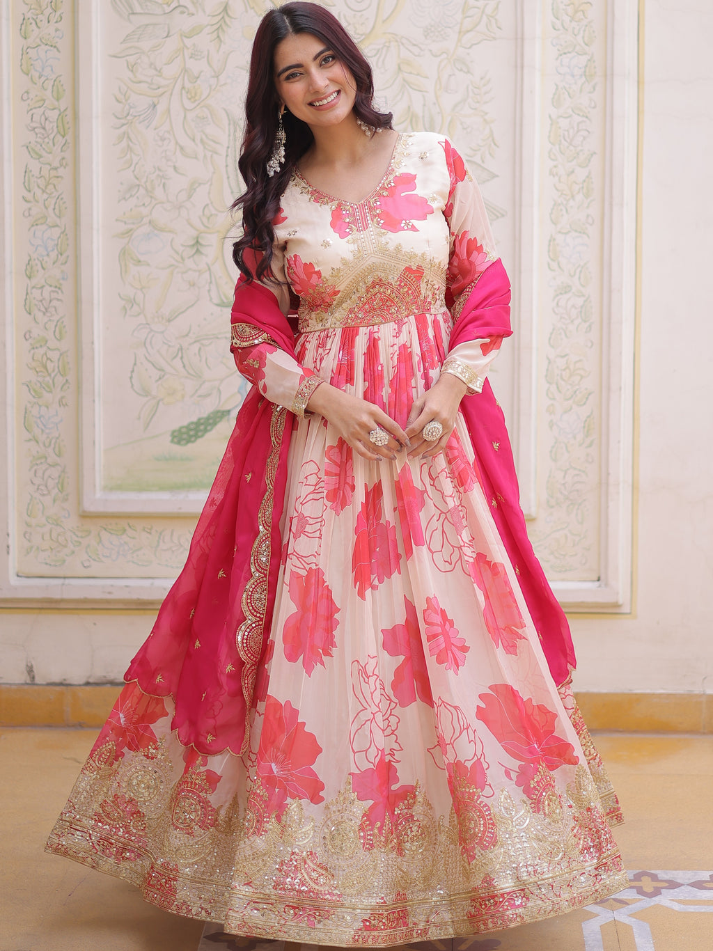 Russian Silk Embroidered Gown With Dupatta