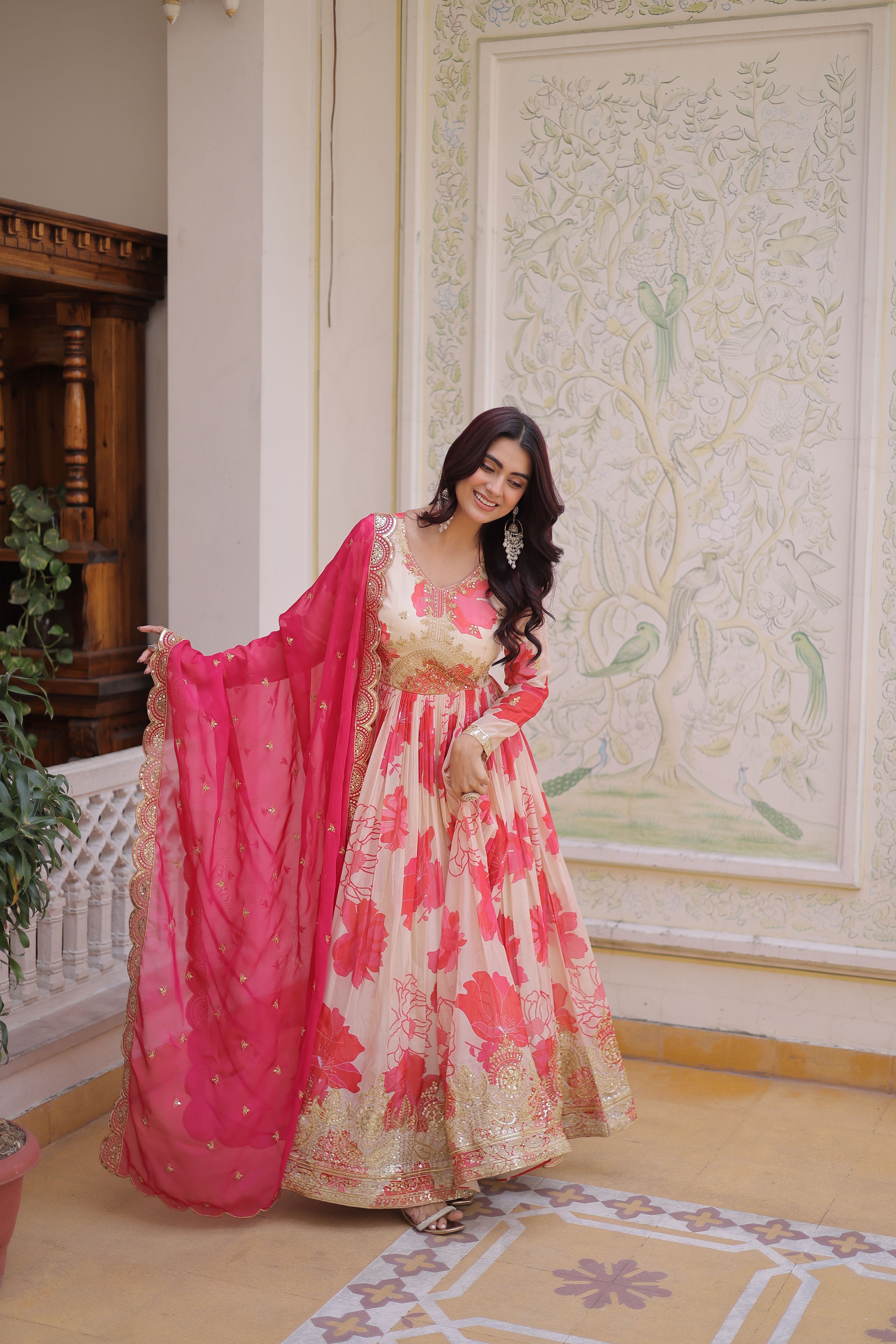 Russian Silk Embroidered Gown With Dupatta