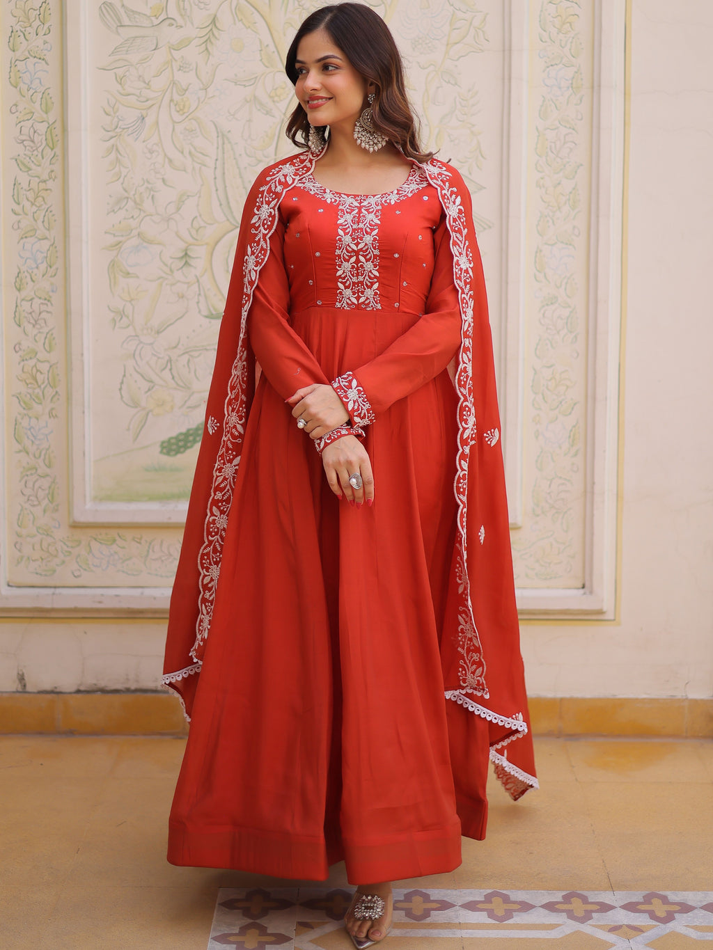 Mull Chanderi Beads Embroidered Gown With Dupatta