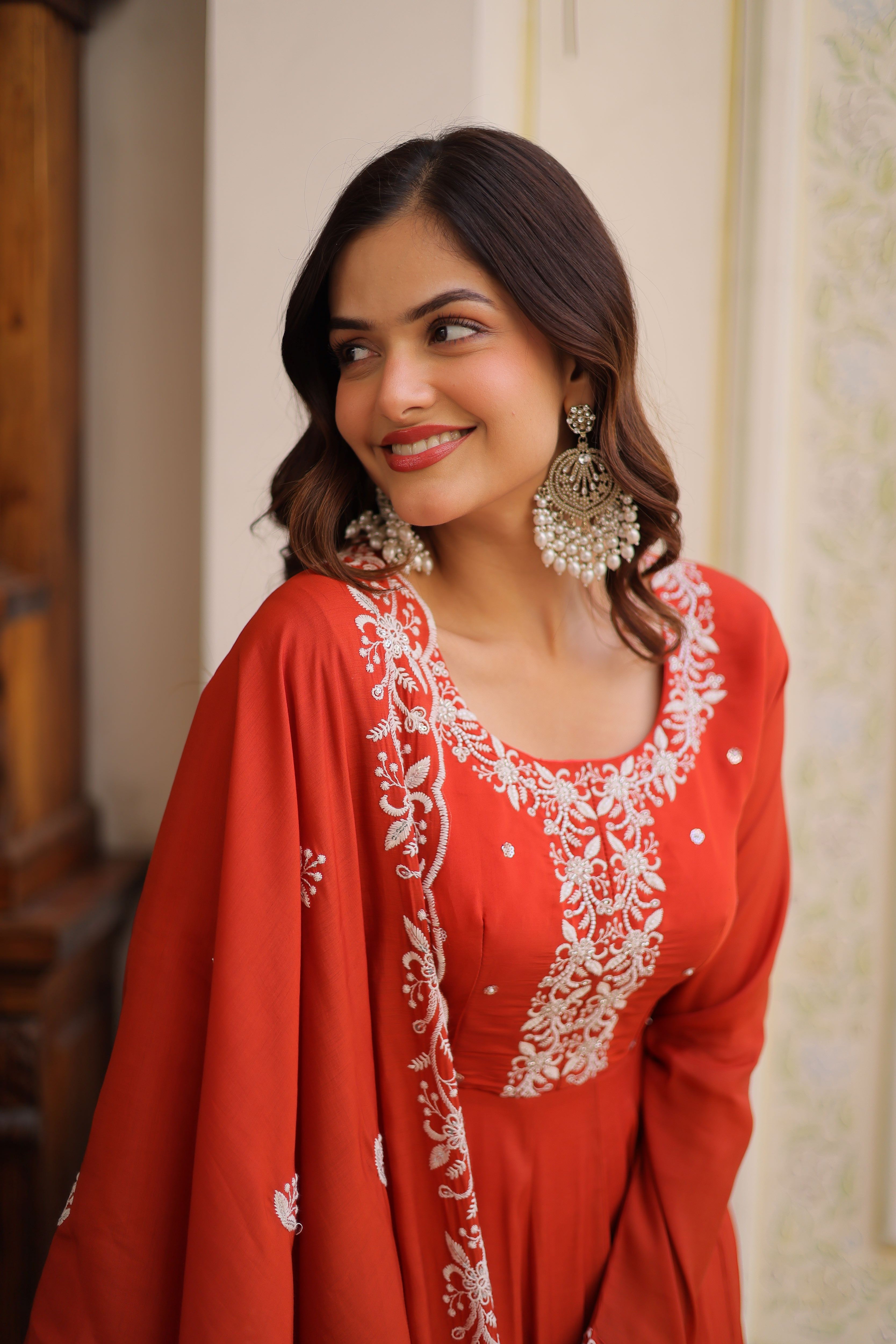 Mull Chanderi Beads Embroidered Gown With Dupatta