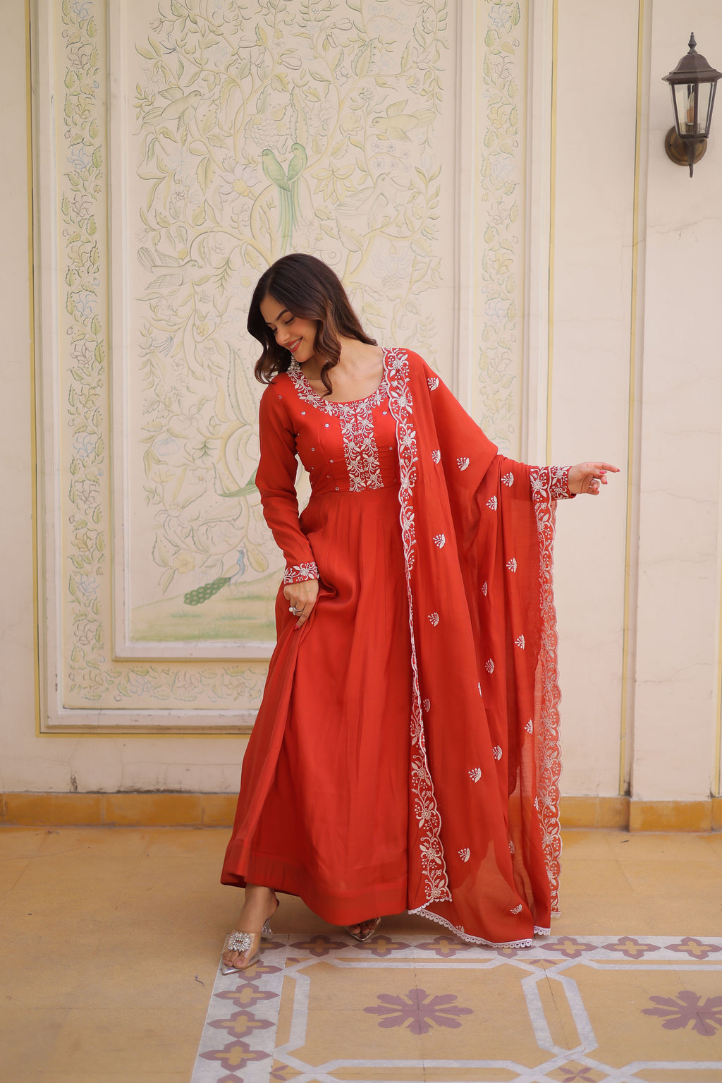 Mull Chanderi Beads Embroidered Gown With Dupatta