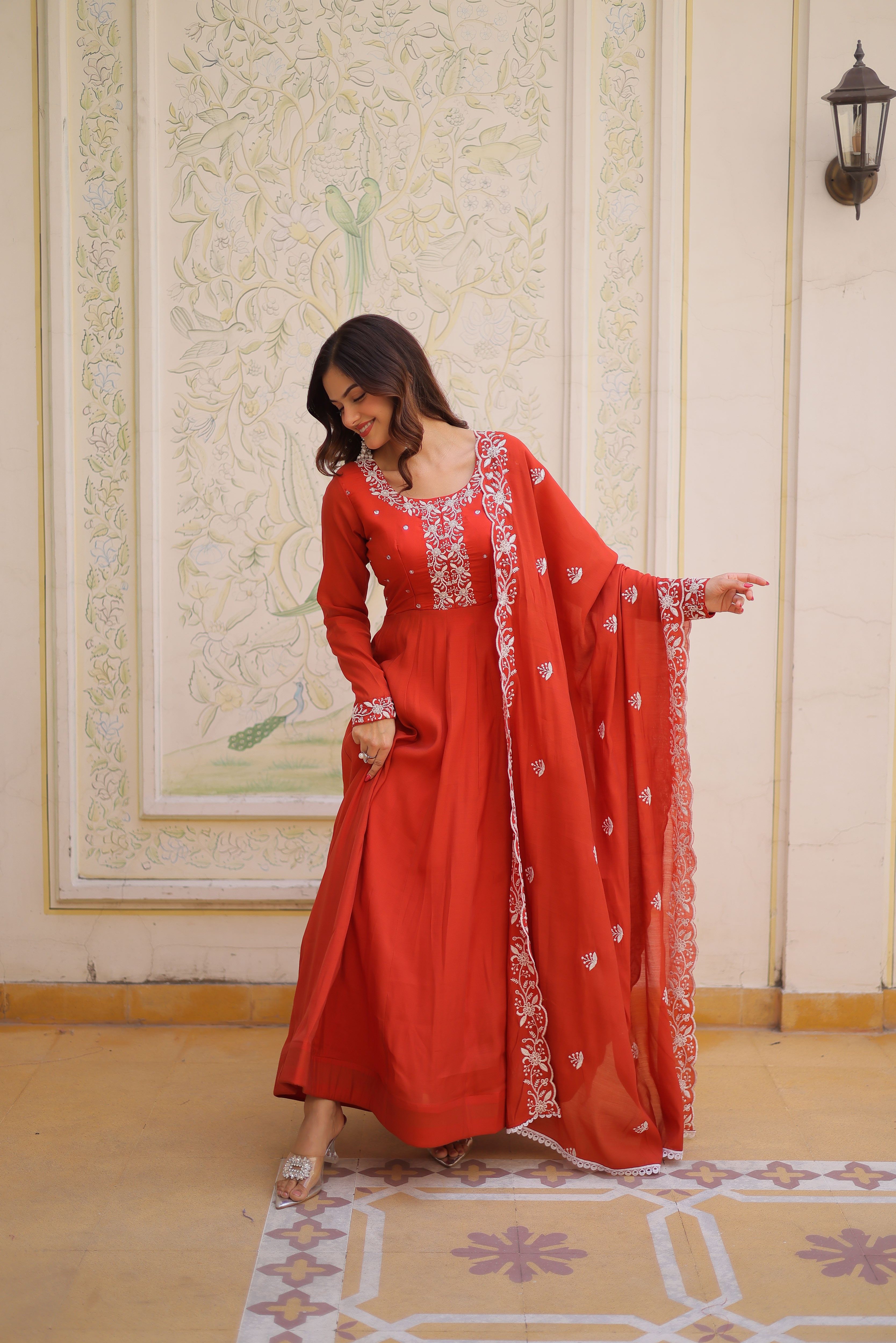 Mull Chanderi Beads Embroidered Gown With Dupatta