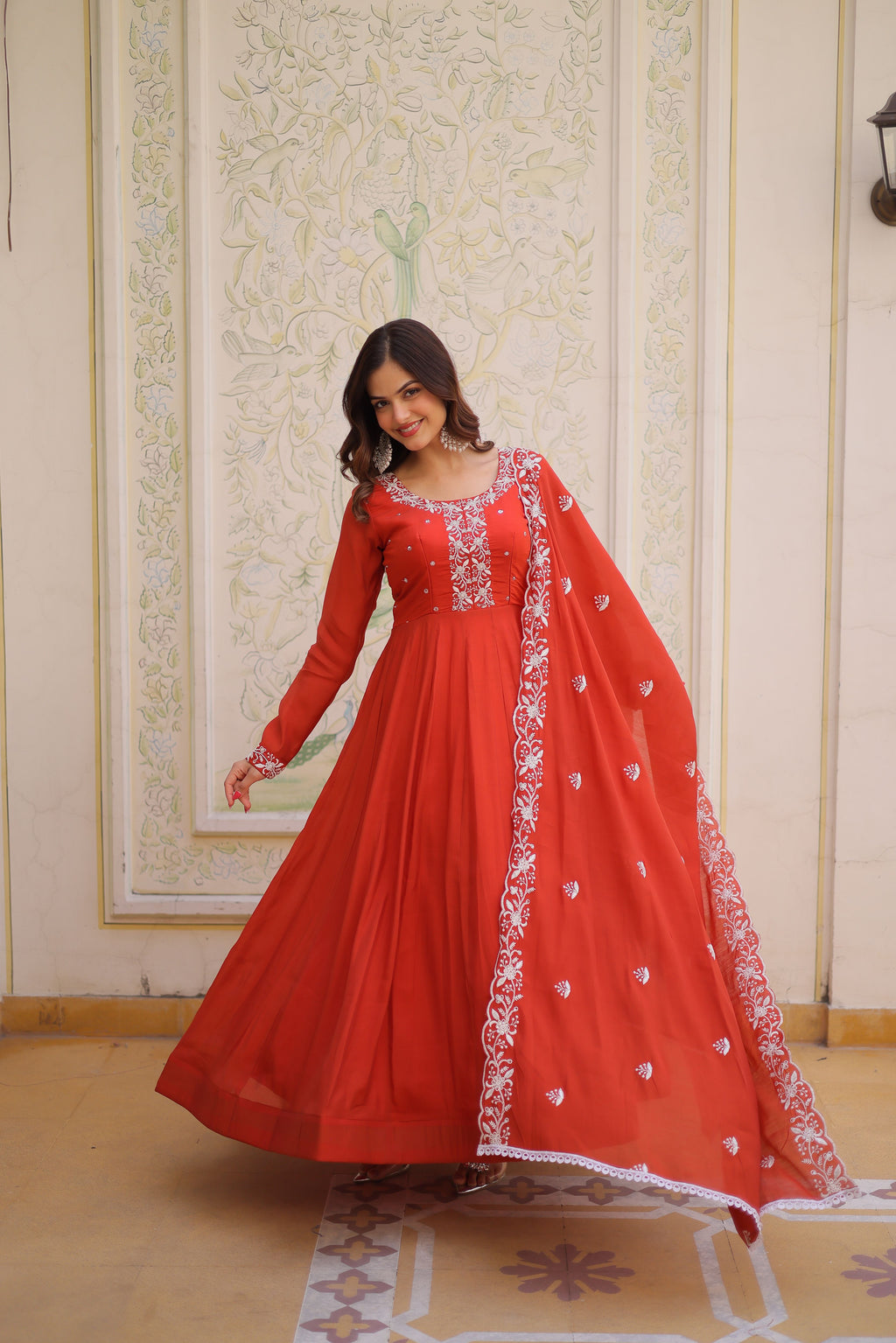 Mull Chanderi Beads Embroidered Gown With Dupatta