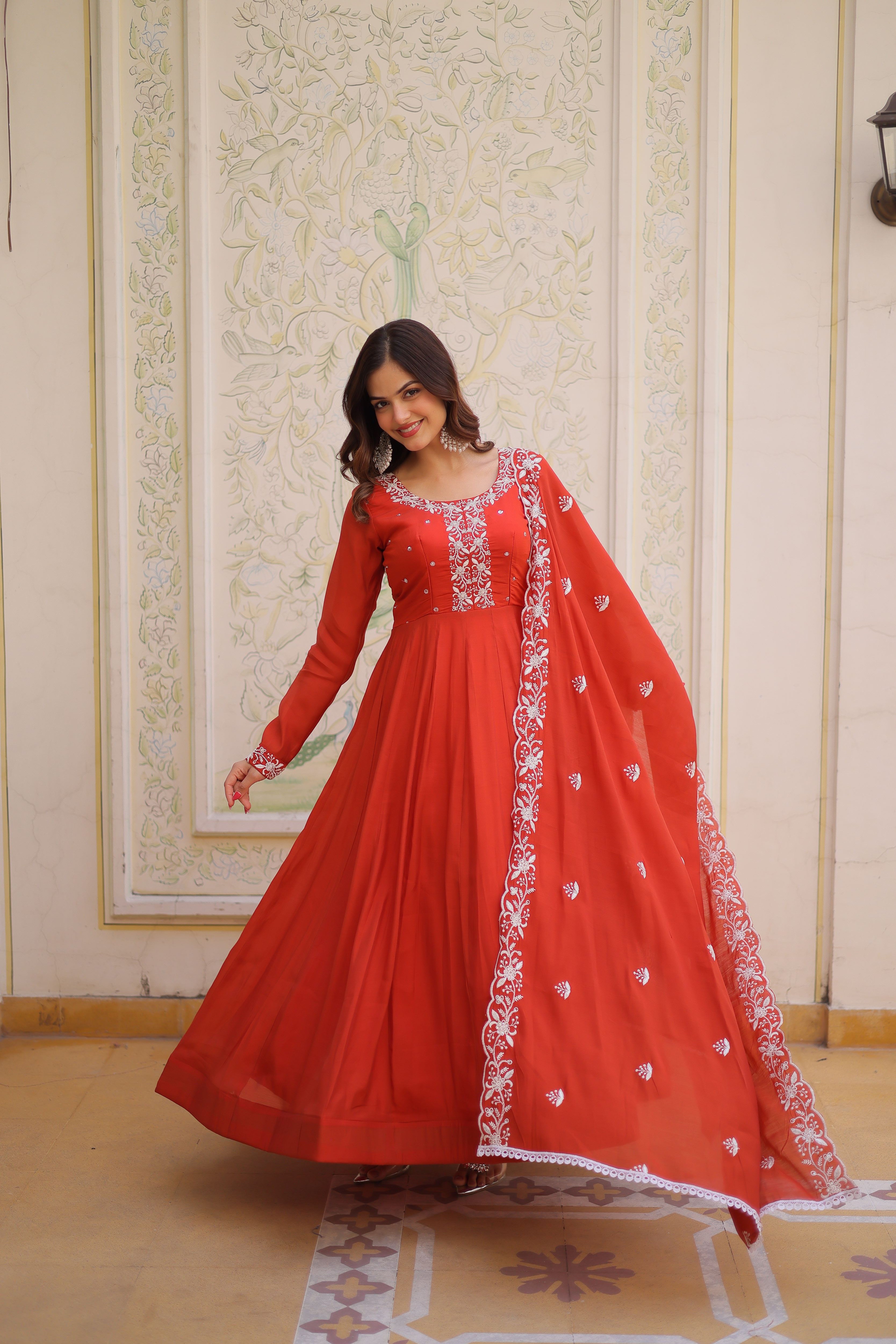 Mull Chanderi Beads Embroidered Gown With Dupatta