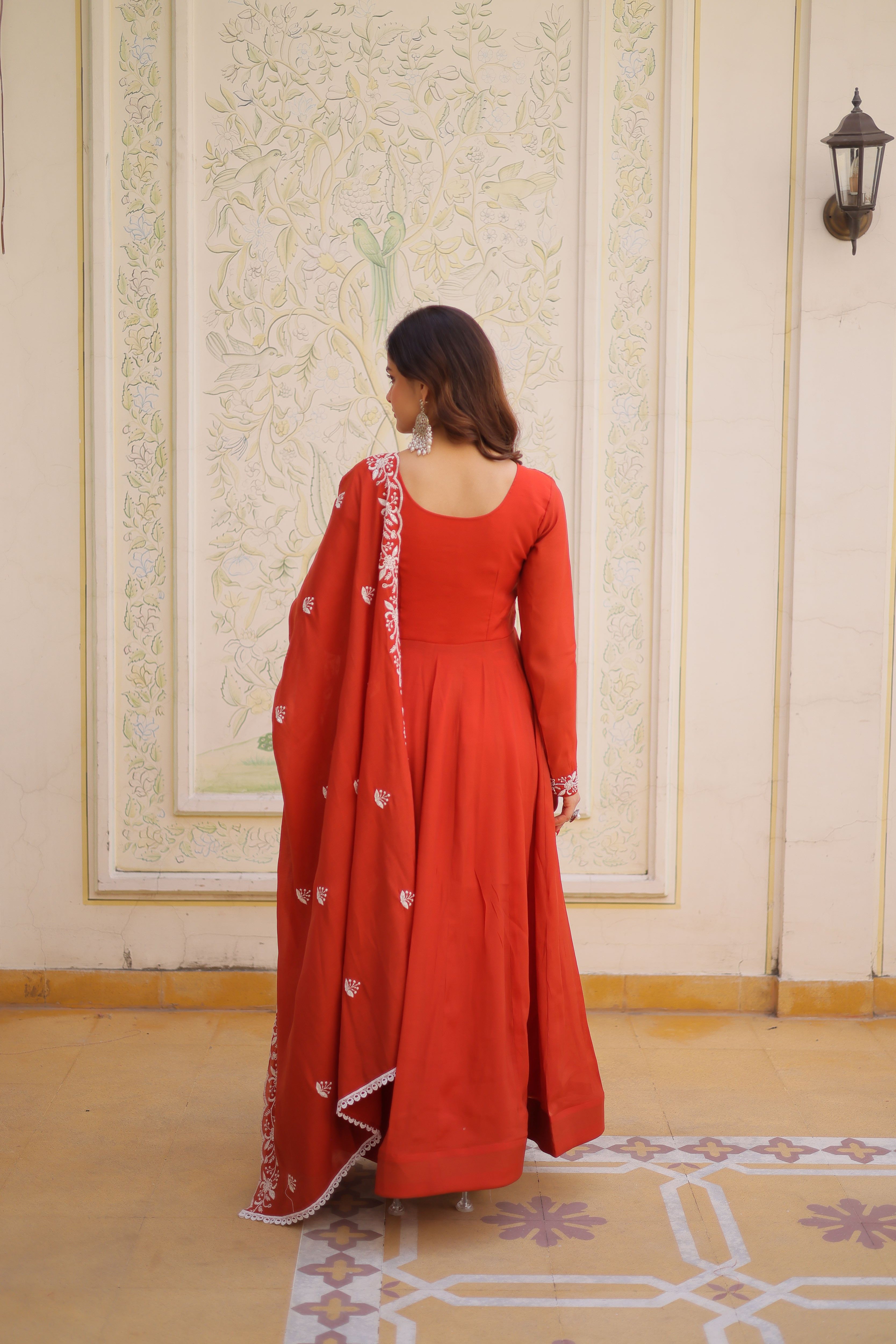 Mull Chanderi Beads Embroidered Gown With Dupatta