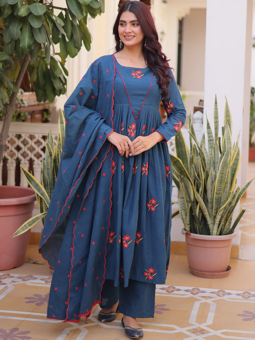Cotton Embroidered Kurti-Pant With Dupatta