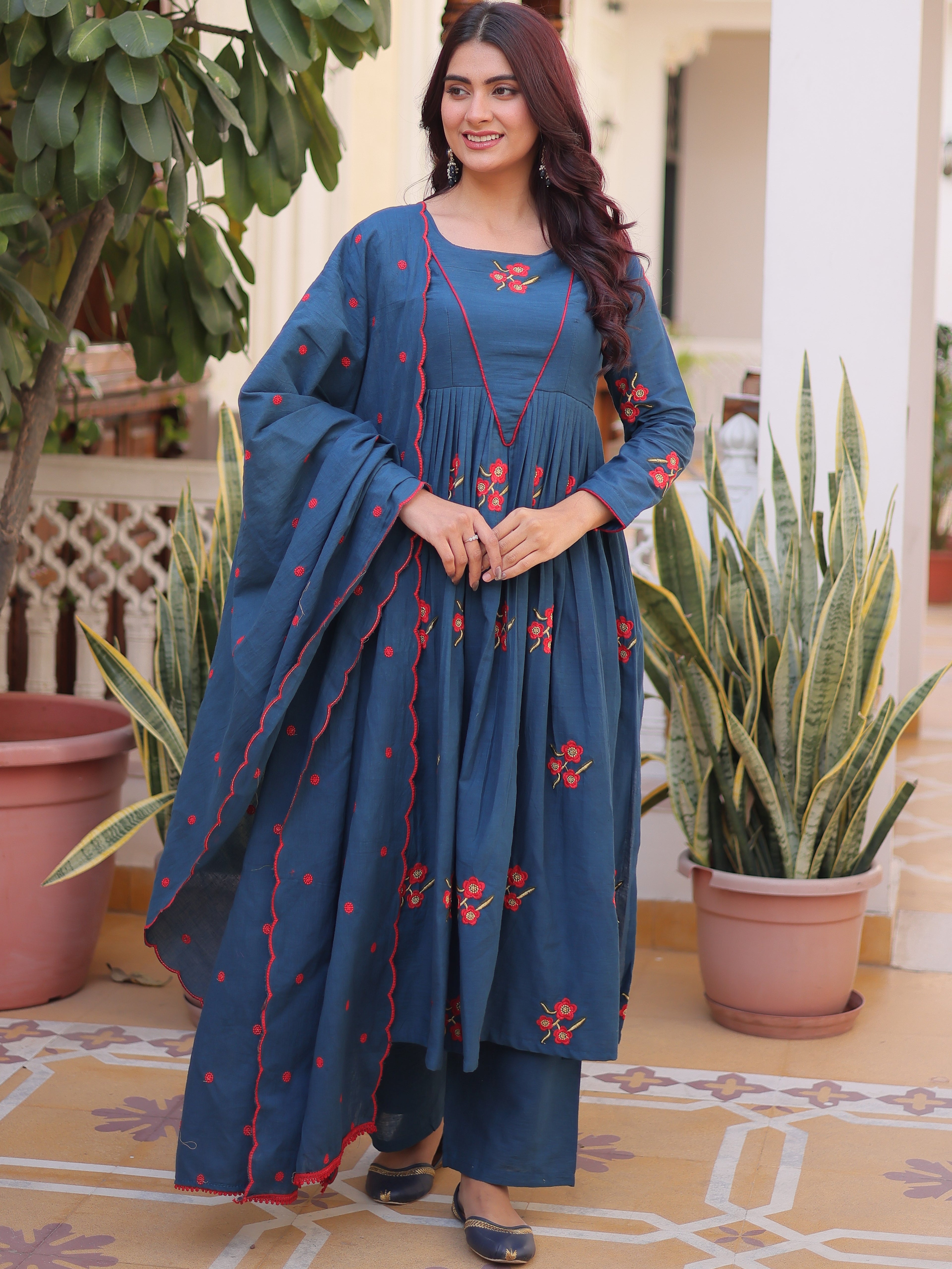 Cotton Embroidered Kurti-Pant With Dupatta