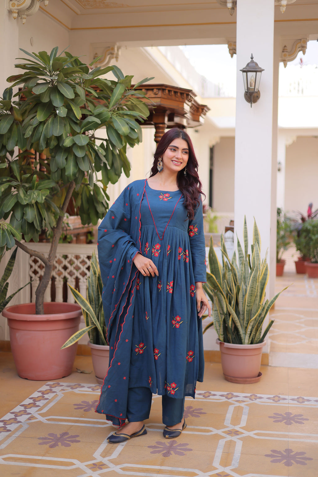 Cotton Embroidered Kurti-Pant With Dupatta