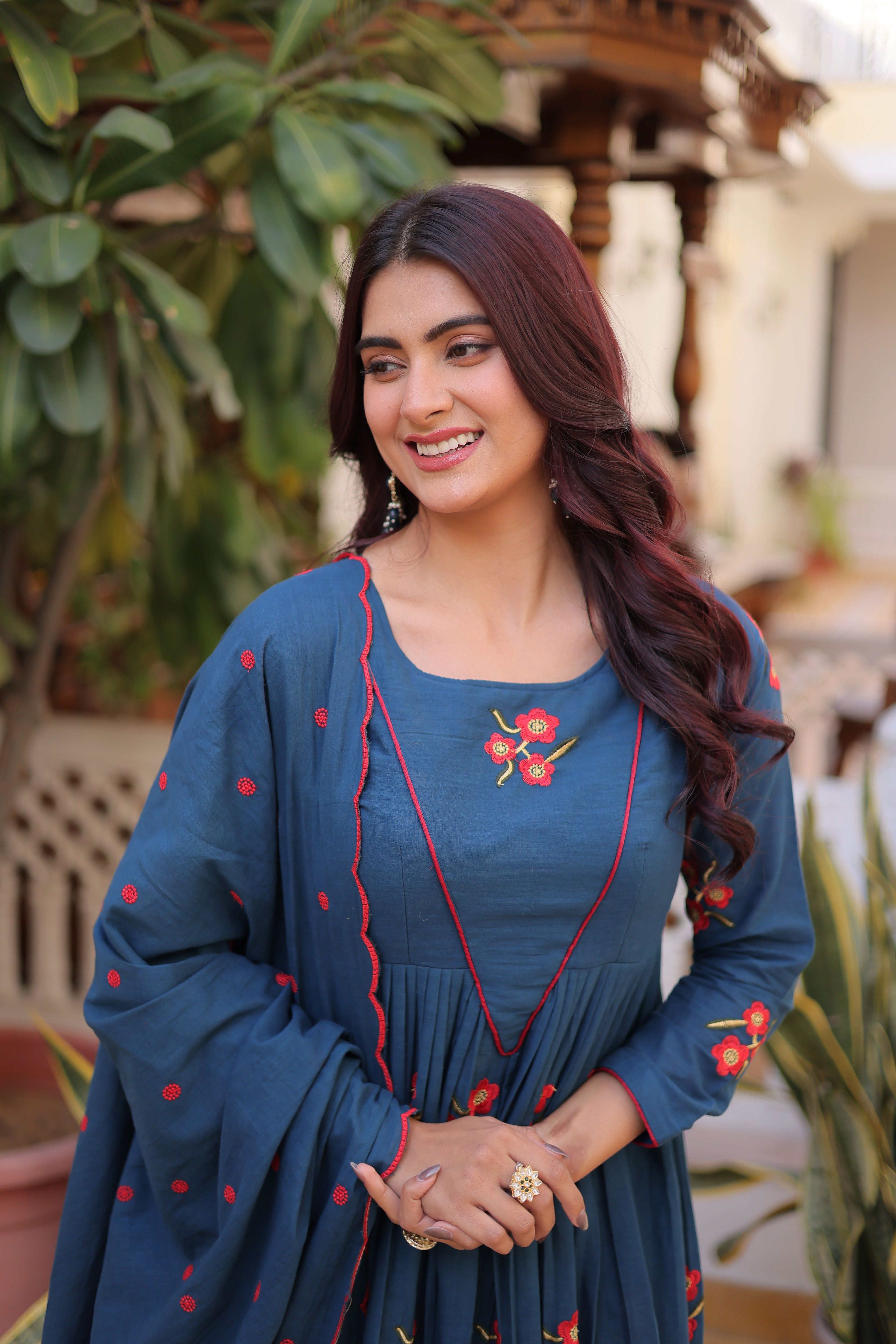 Cotton Embroidered Kurti-Pant With Dupatta