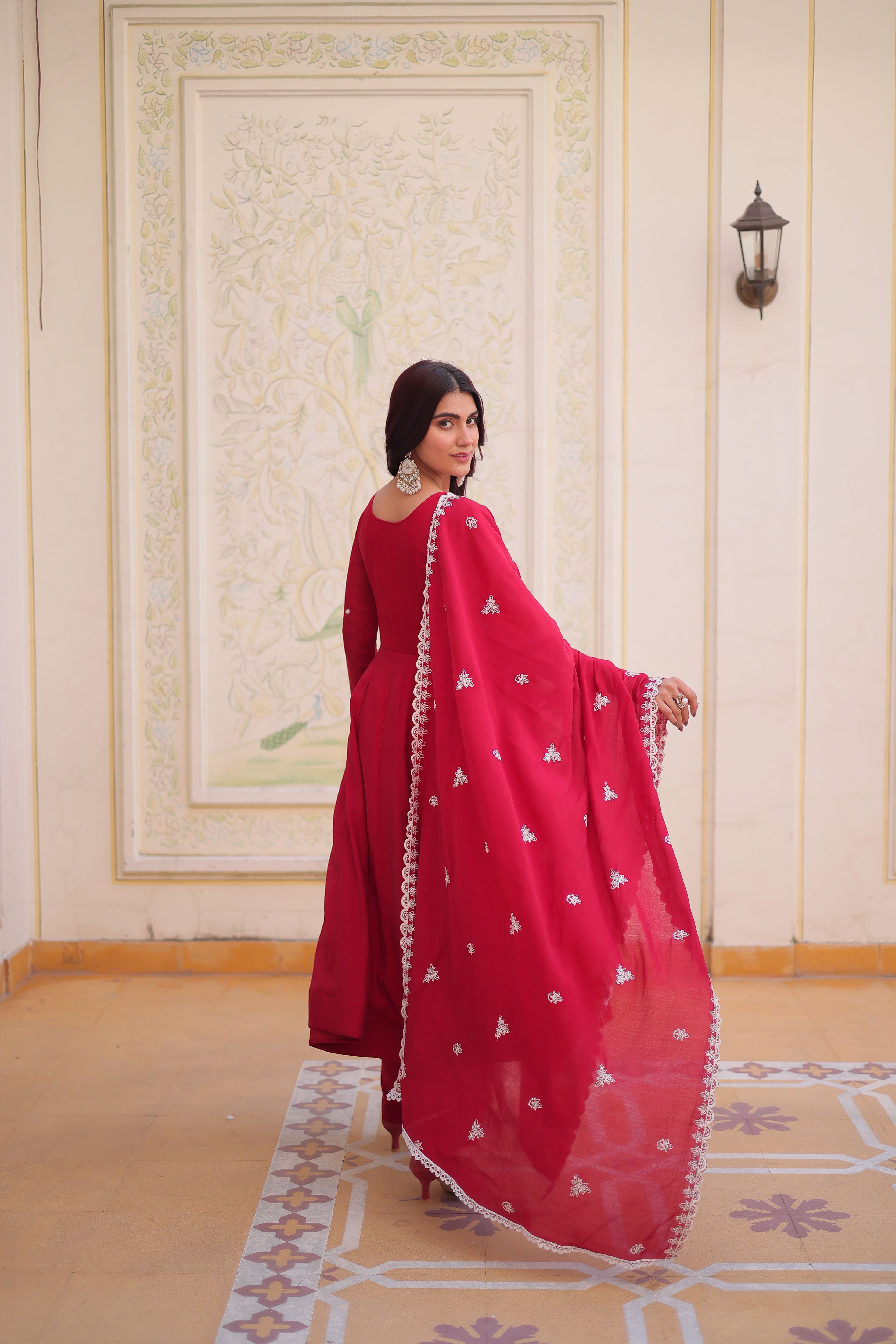 Mull Chanderi Embroidered Gown With Dupatta