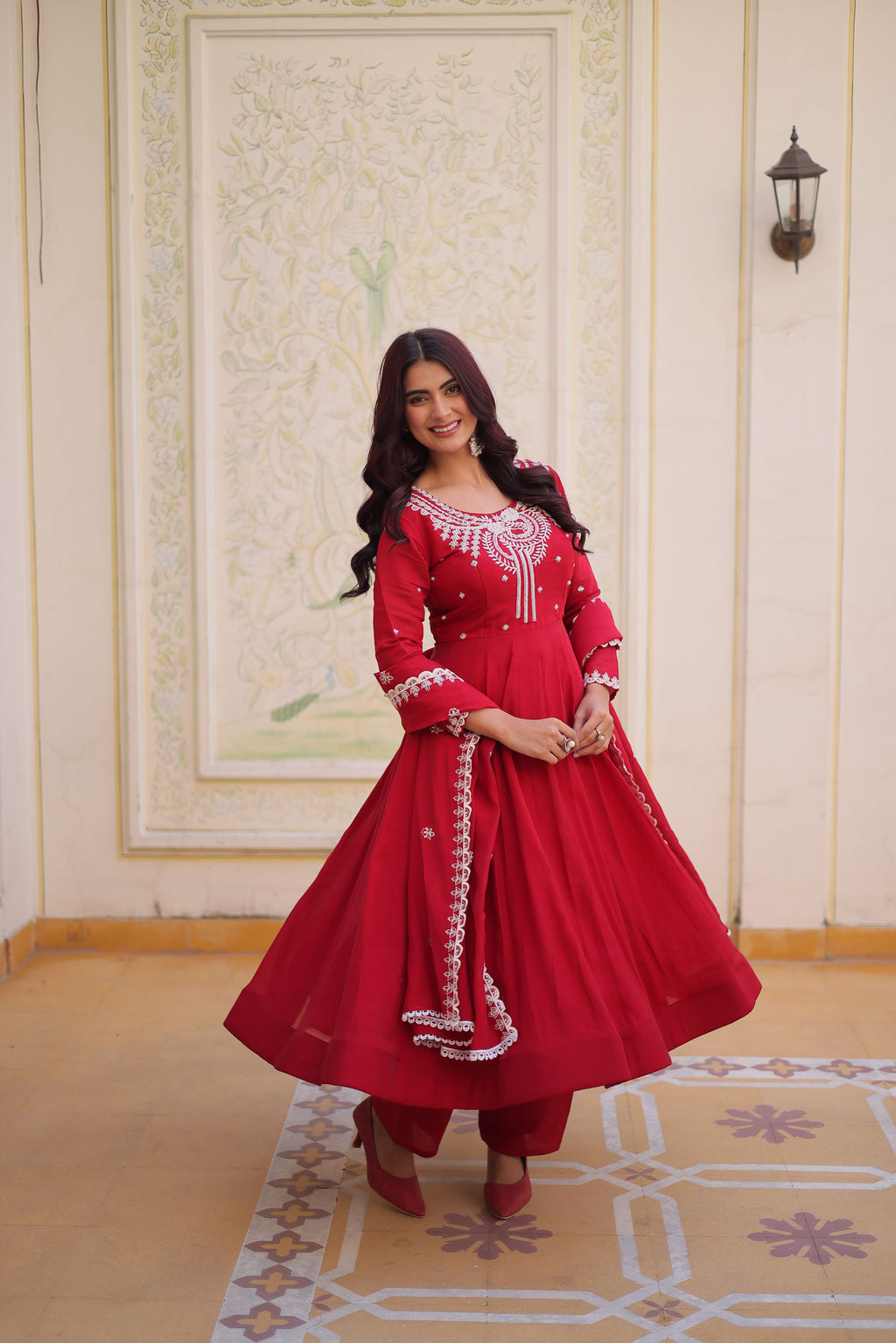 Mull Chanderi Embroidered Gown With Dupatta