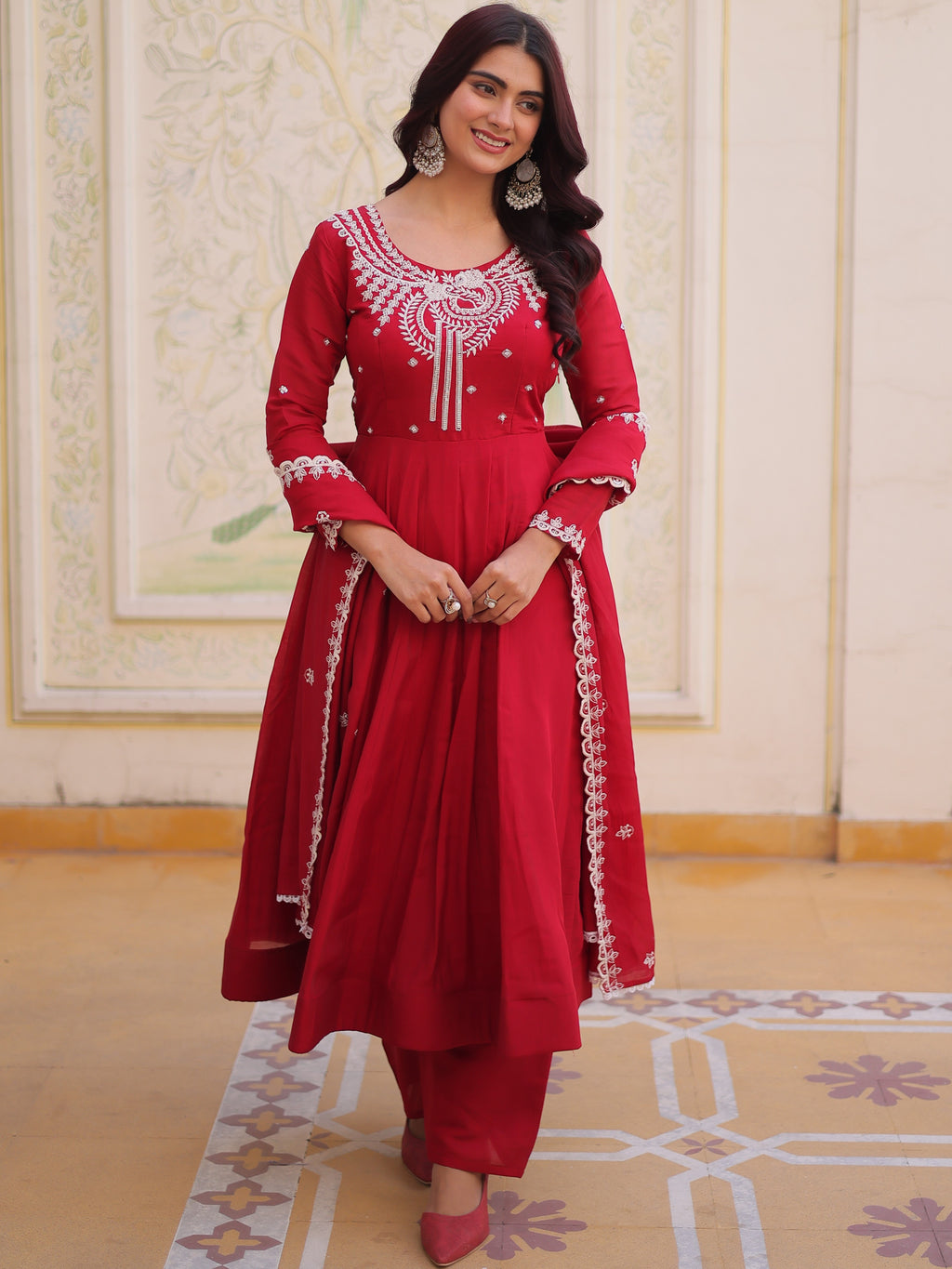 Mull Chanderi Embroidered Gown With Dupatta