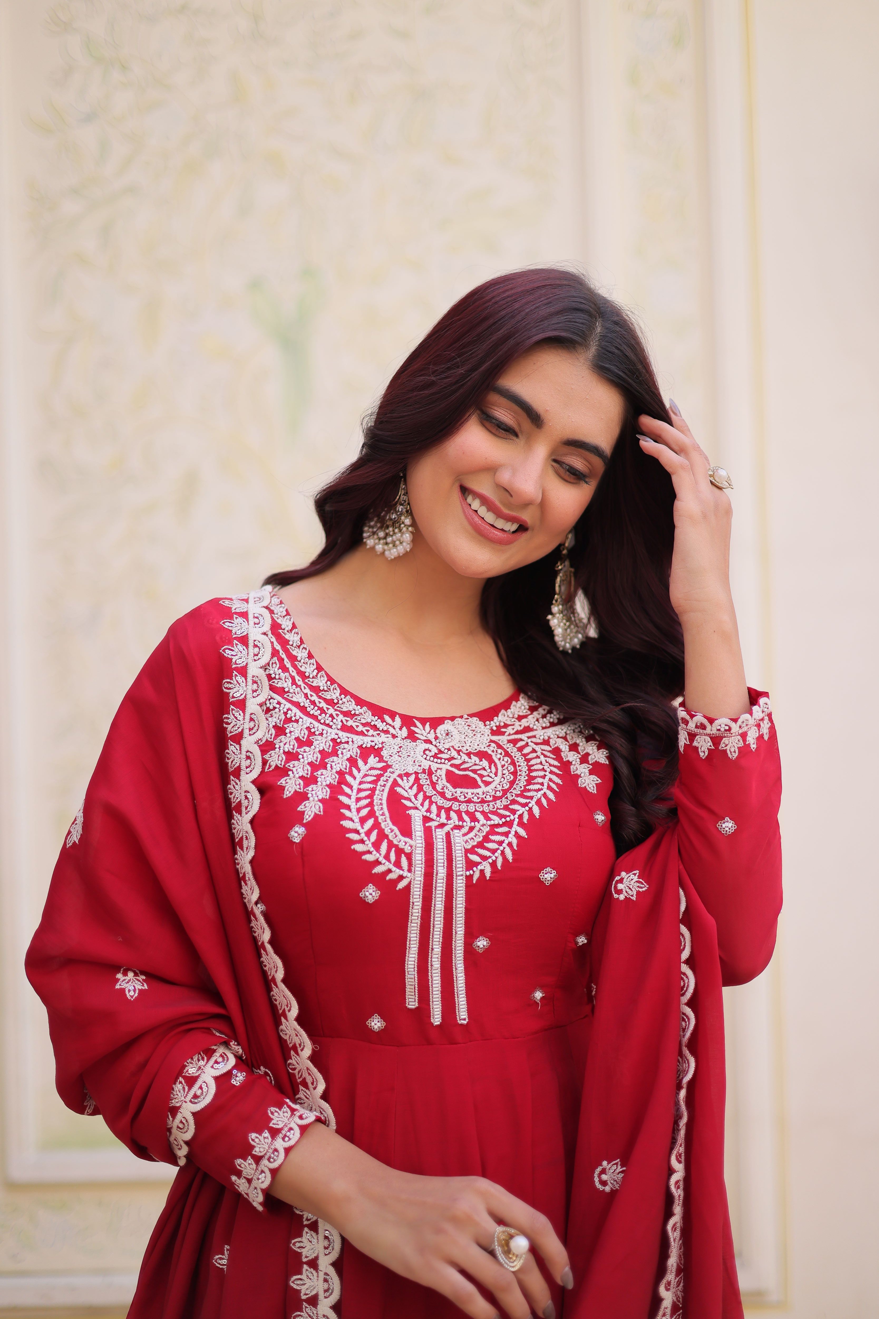 Mull Chanderi Embroidered Gown With Dupatta