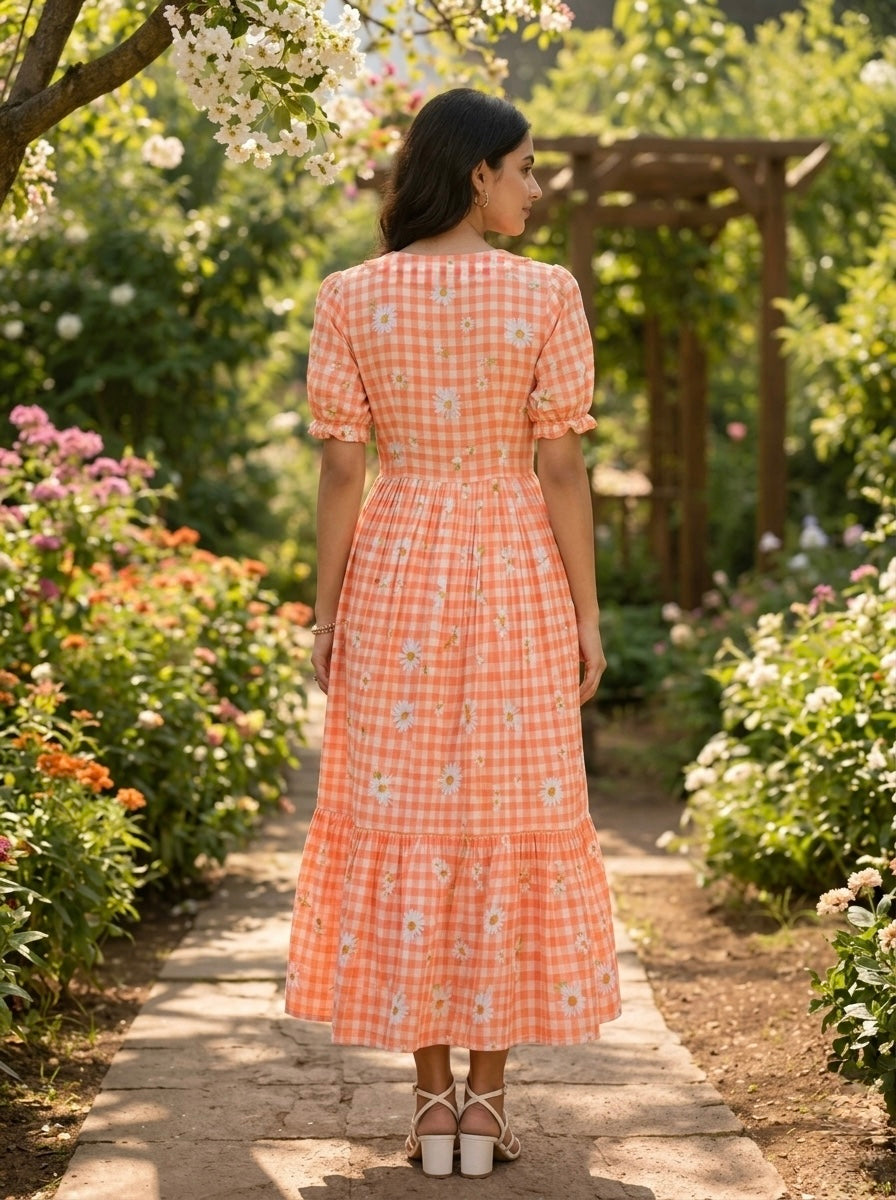 Muslin Silk Gingham Printed Frock
