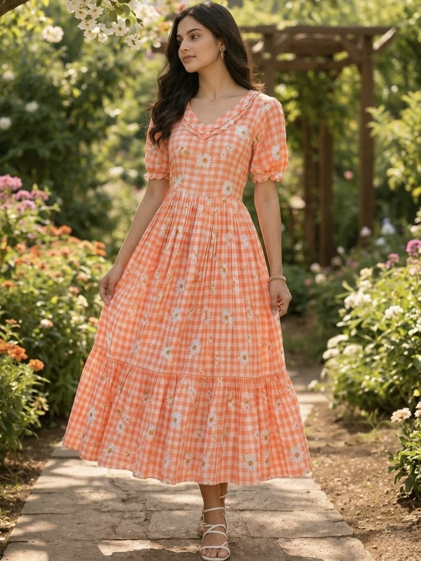 Muslin Silk Gingham Printed Frock