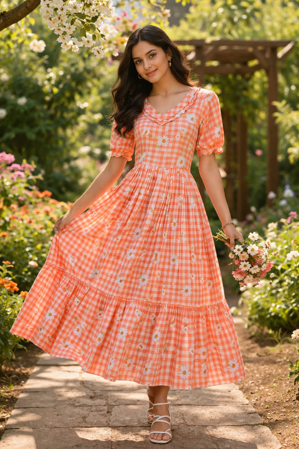 Muslin Silk Gingham Printed Frock