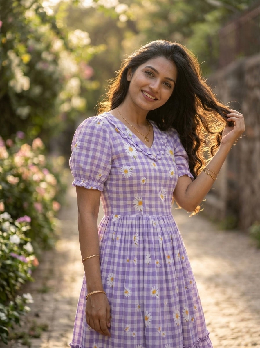 Muslin Silk Gingham Printed Frock
