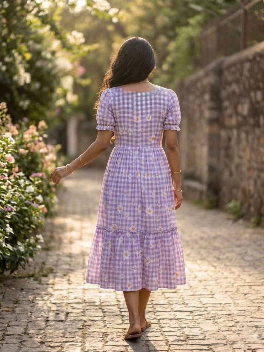Muslin Silk Gingham Printed Frock