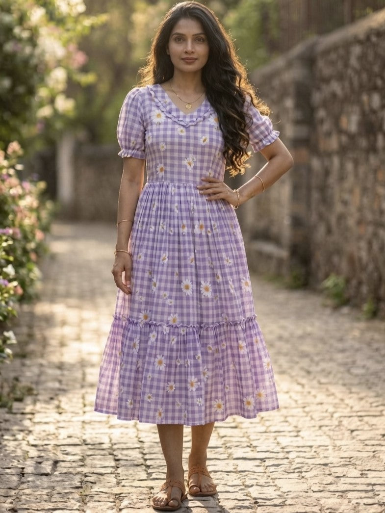 Muslin Silk Gingham Printed Frock