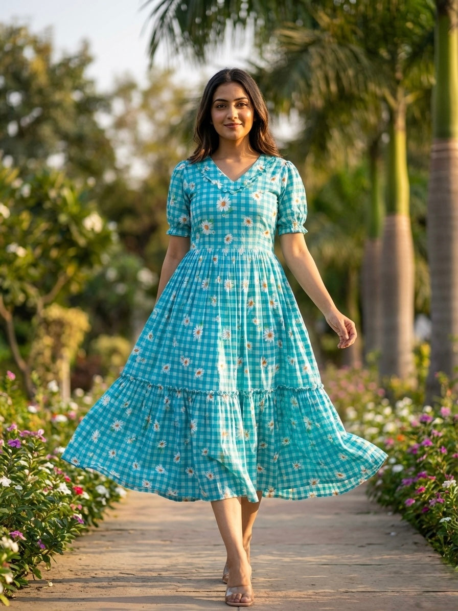 Muslin Silk Gingham Printed Frock