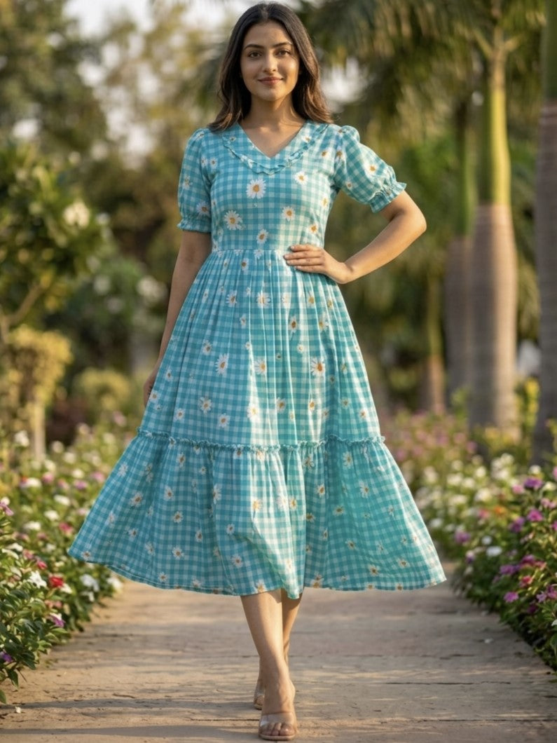 Muslin Silk Gingham Printed Frock