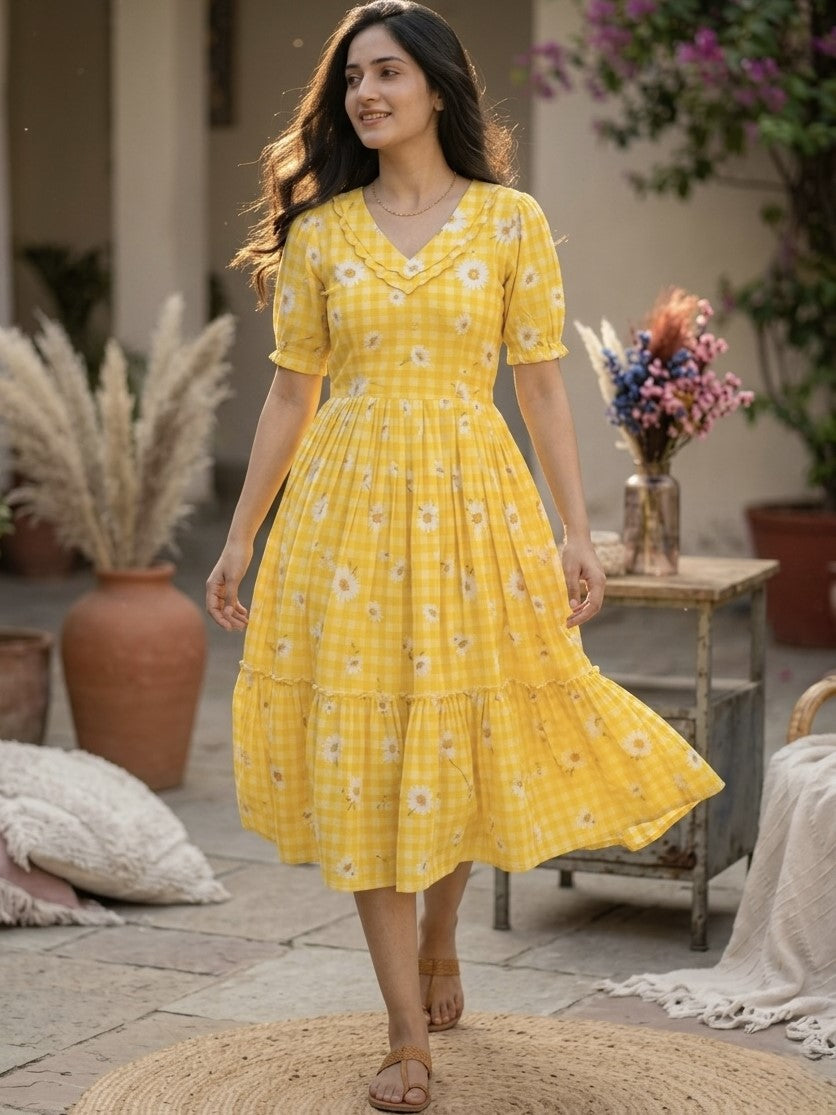 Muslin Silk Gingham Printed Frock
