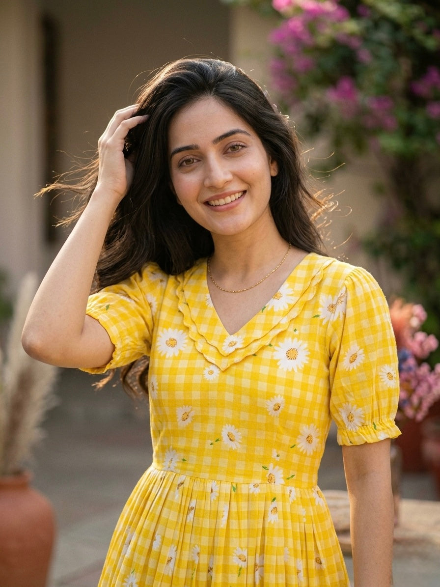 Muslin Silk Gingham Printed Frock