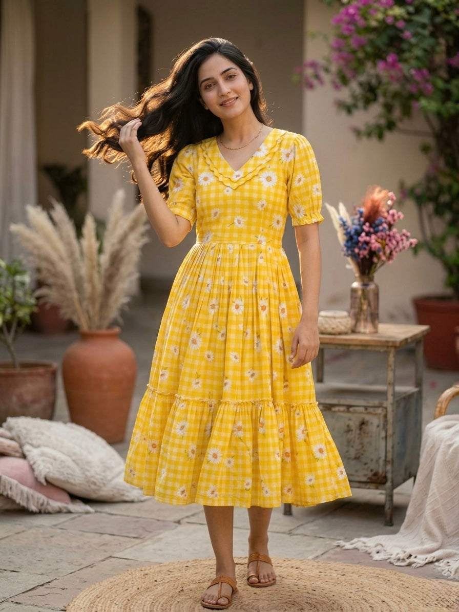 Muslin Silk Gingham Printed Frock