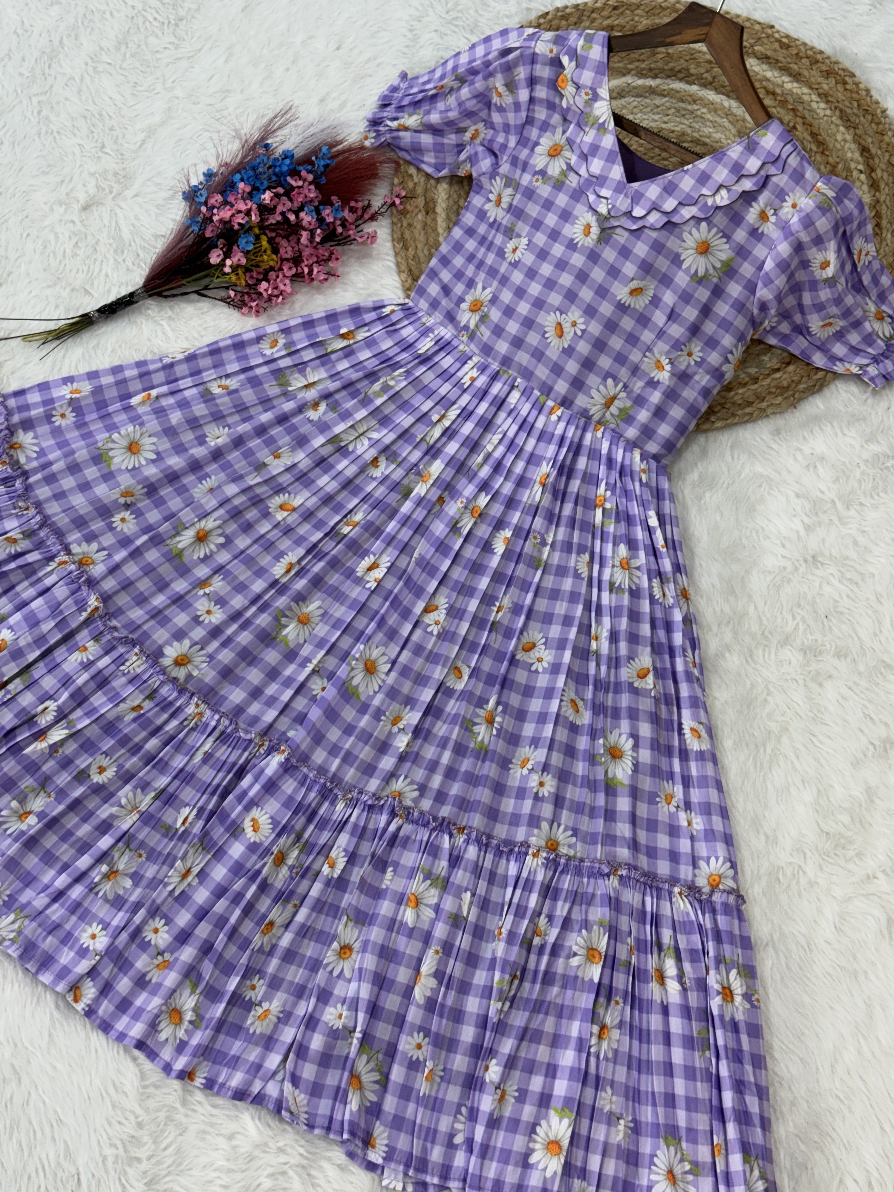 Muslin Silk Gingham Printed Frock