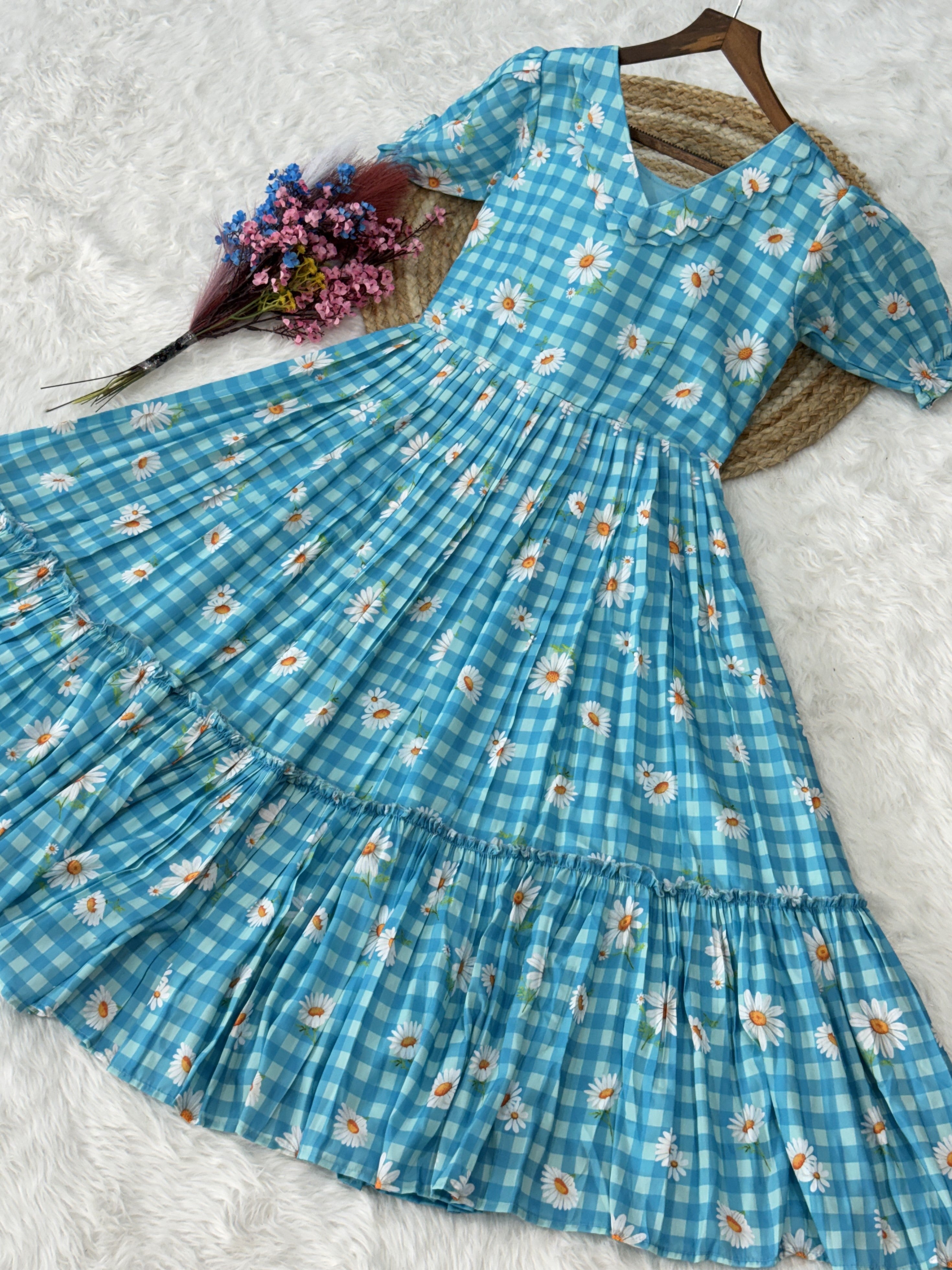 Muslin Silk Gingham Printed Frock
