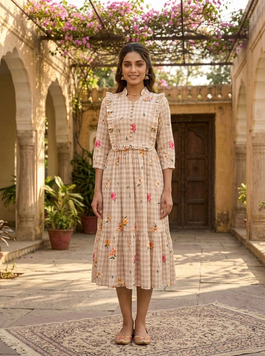 Muslin Silk Gingham Printed Frock