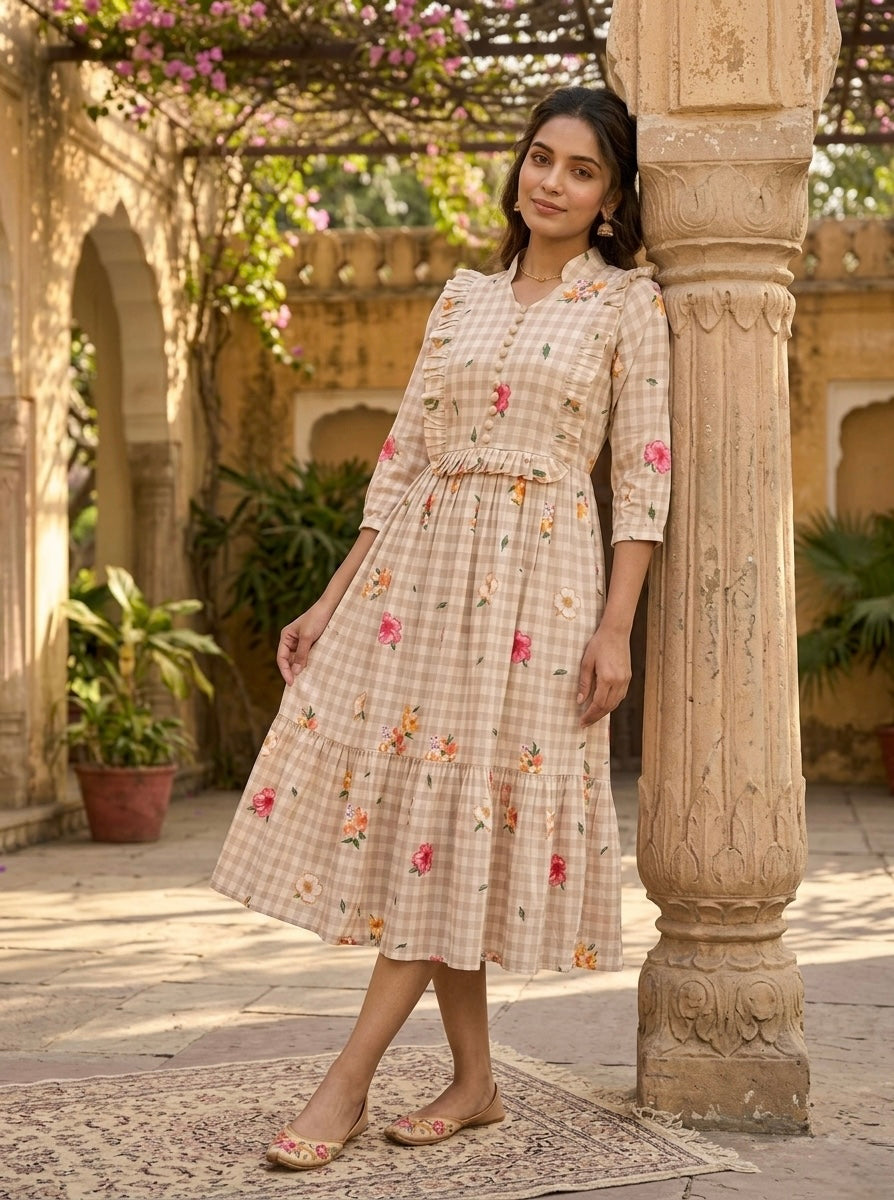 Muslin Silk Gingham Printed Frock