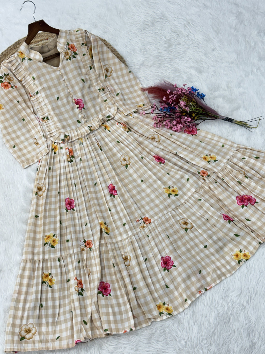 Muslin Silk Gingham Printed Frock