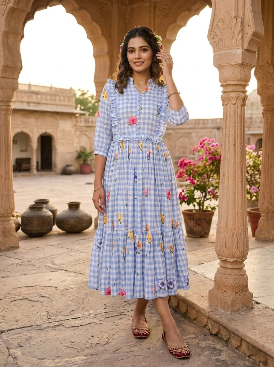 Muslin Silk Gingham Printed Frock