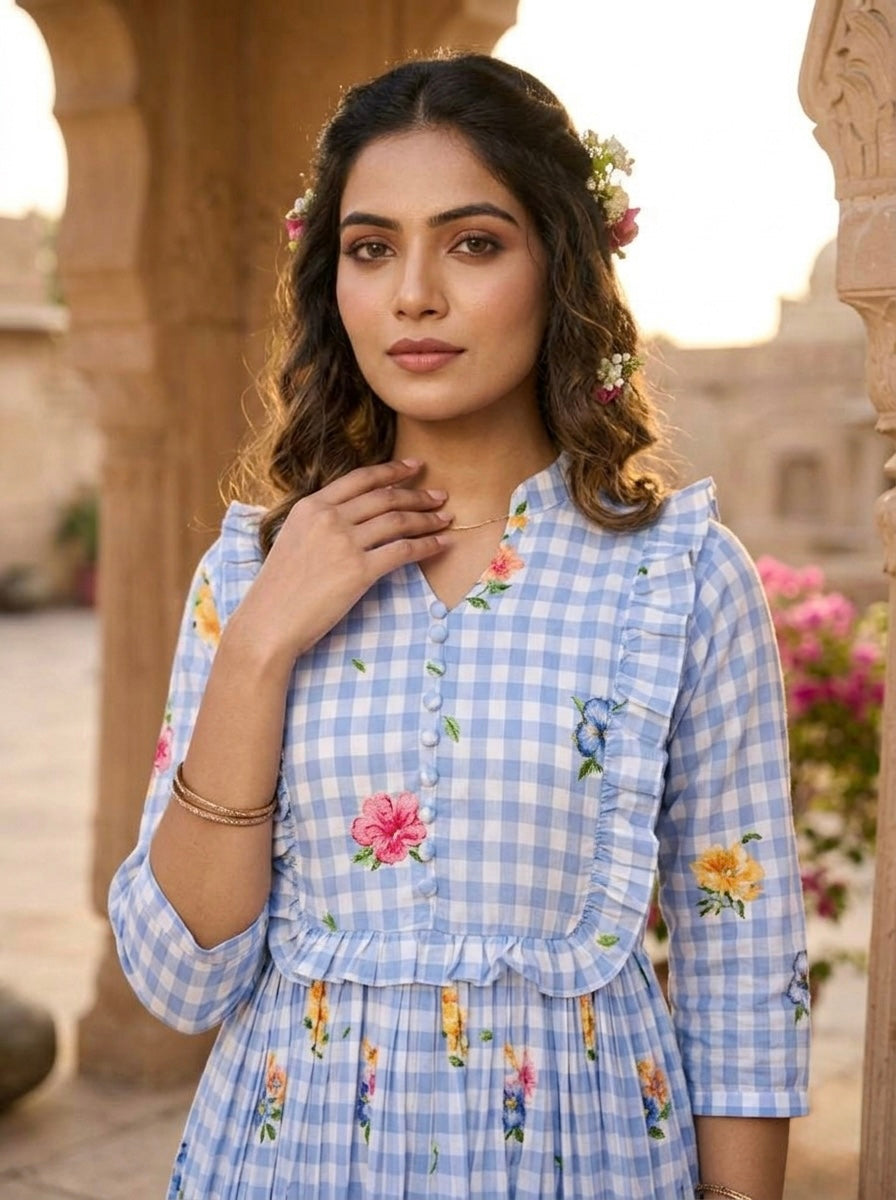 Muslin Silk Gingham Printed Frock