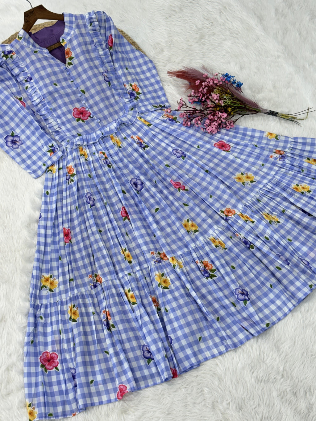 Muslin Silk Gingham Printed Frock