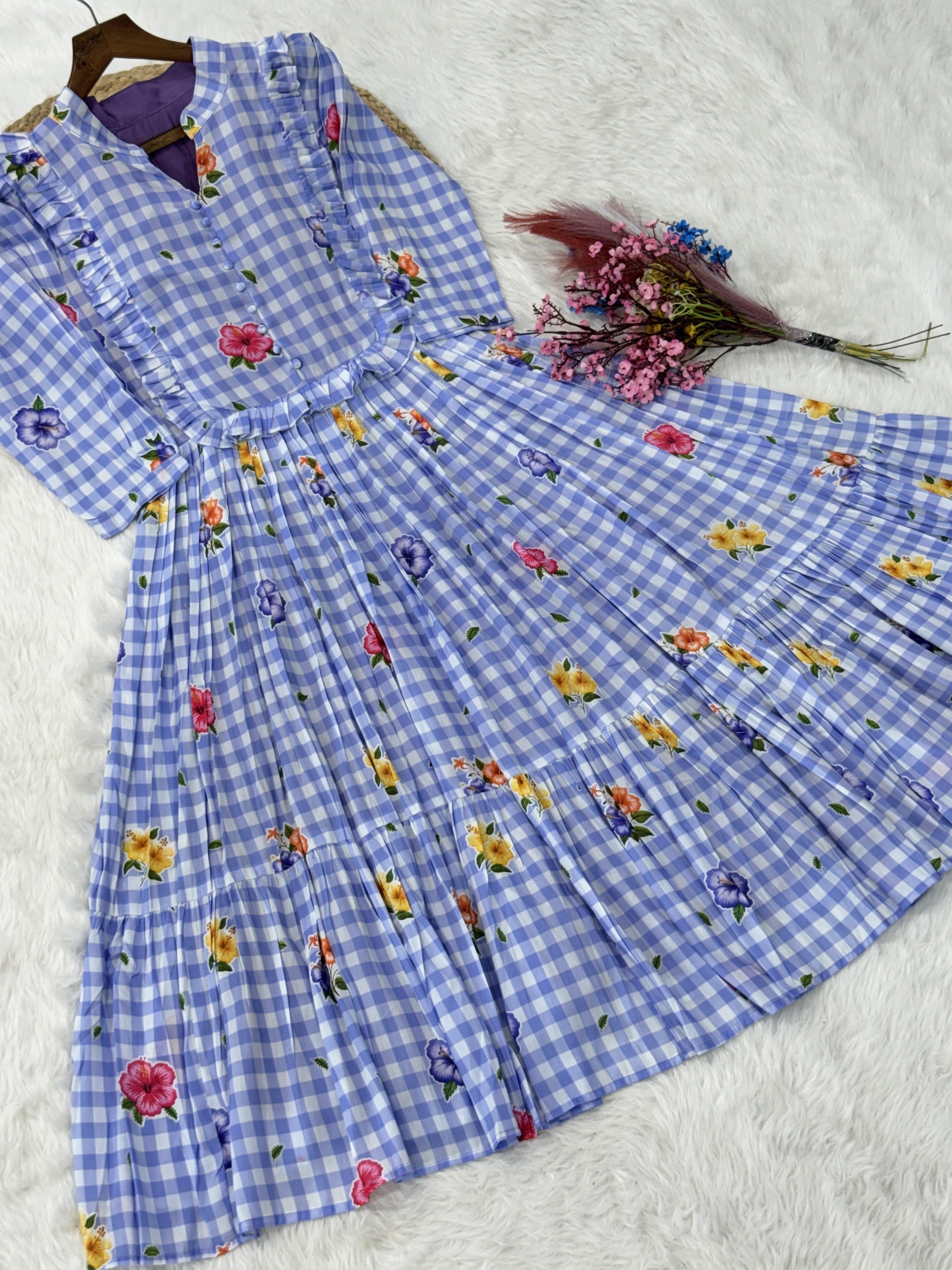 Muslin Silk Gingham Printed Frock