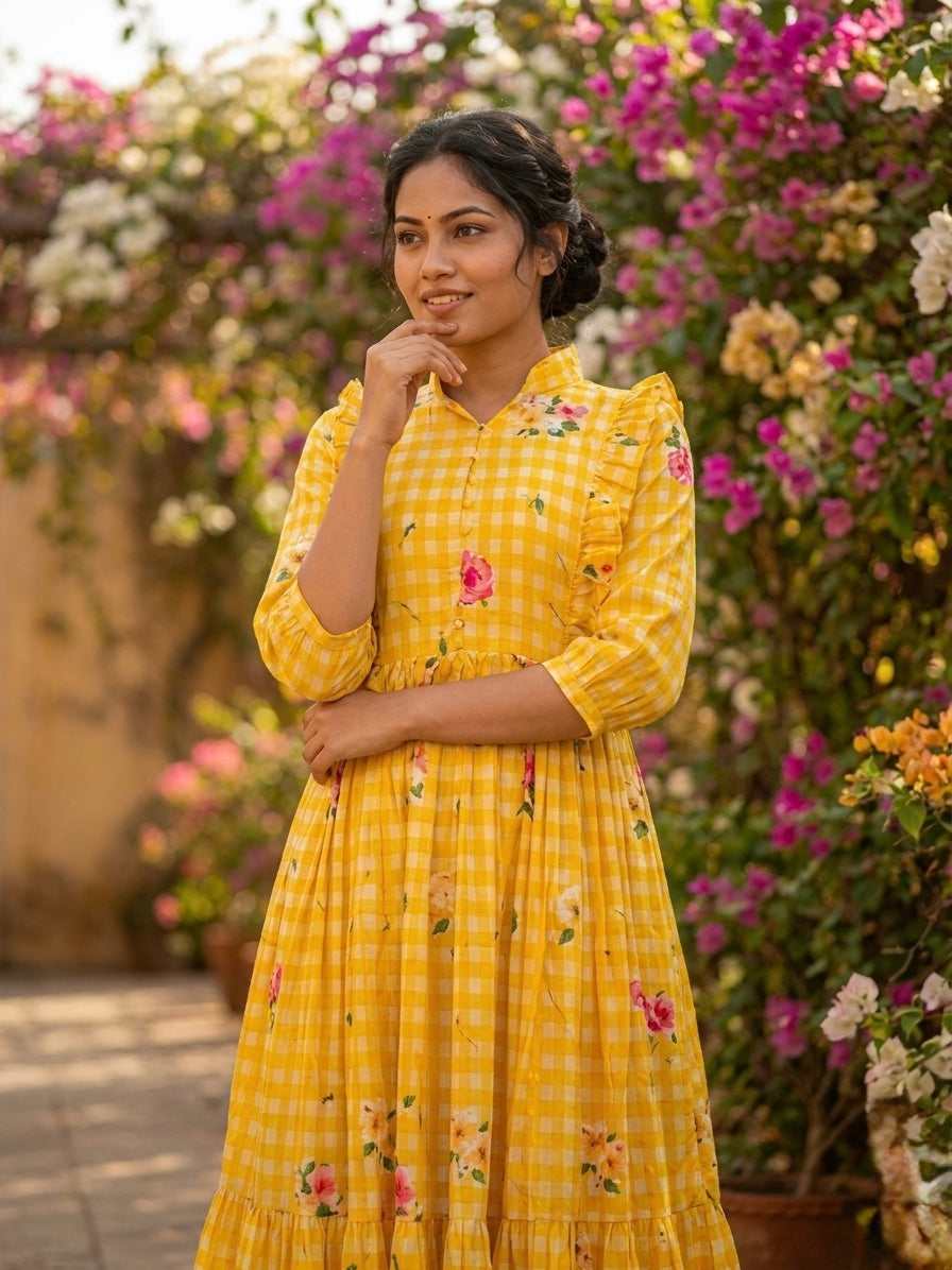 Muslin Silk Gingham Printed Frock