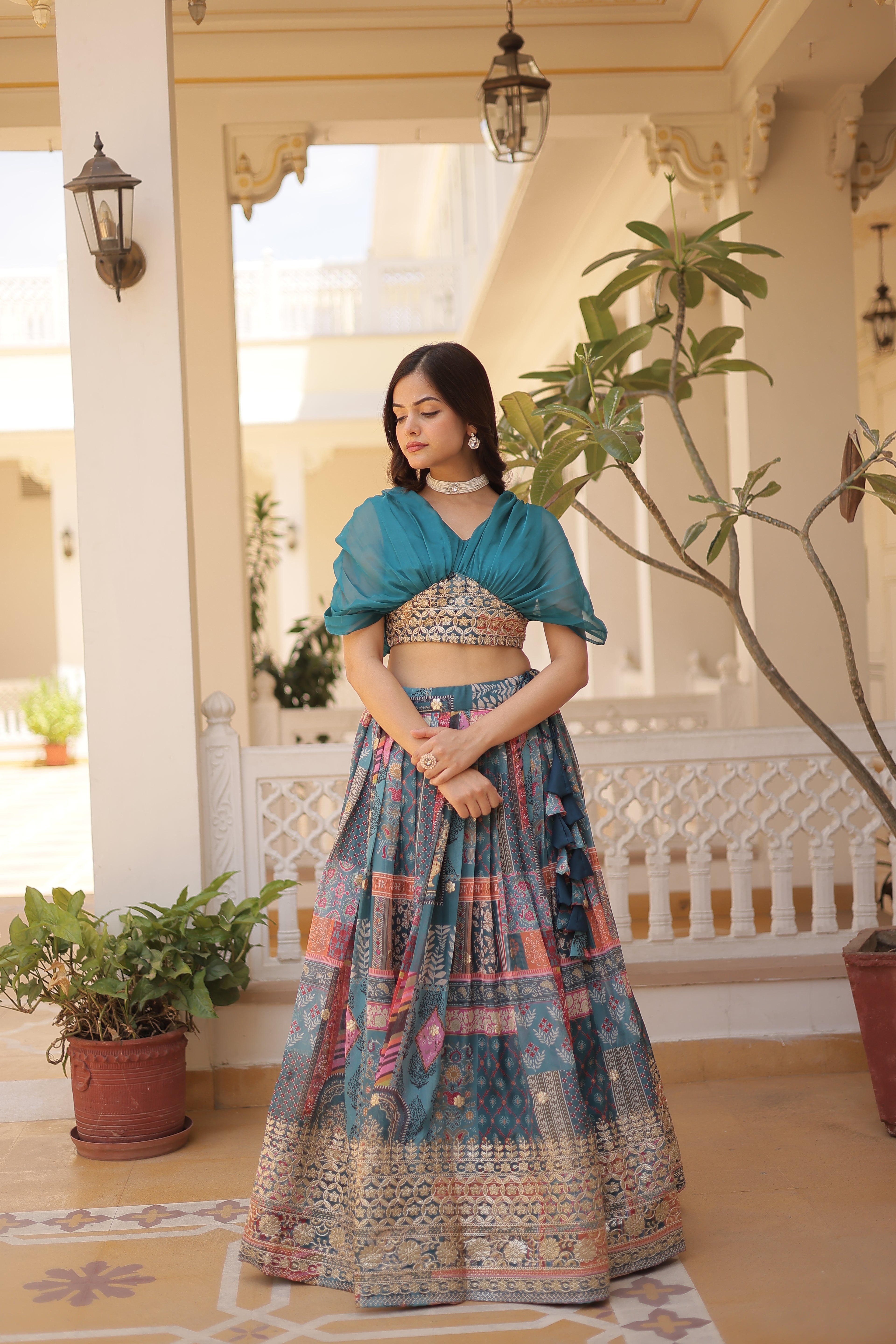 Digital Printed Russian Silk Foil Embroidered Lehenga
