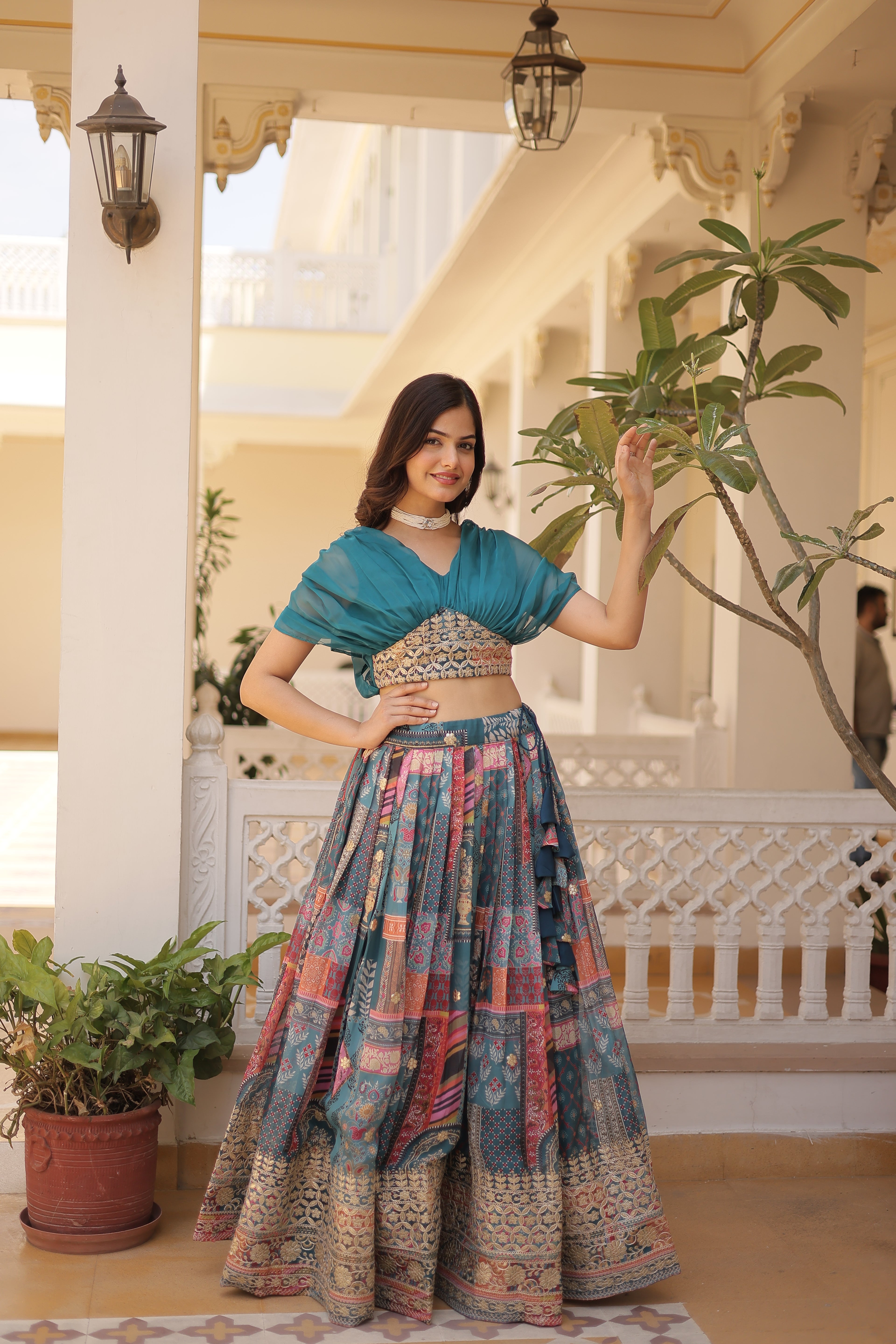 Digital Printed Russian Silk Foil Embroidered Lehenga