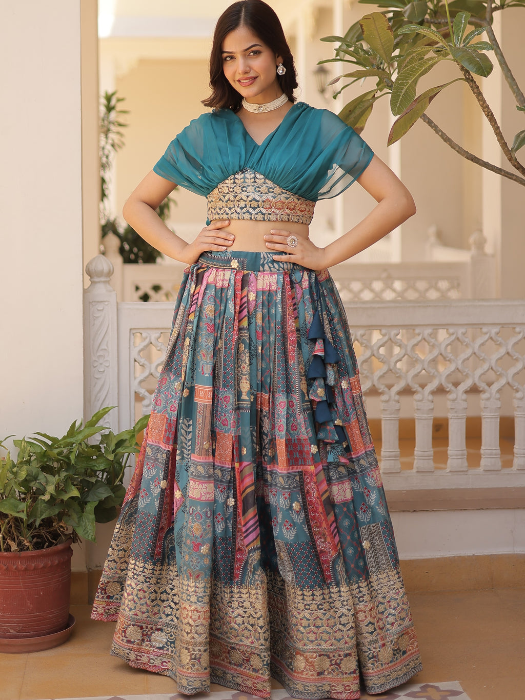 Digital Printed Russian Silk Foil Embroidered Lehenga