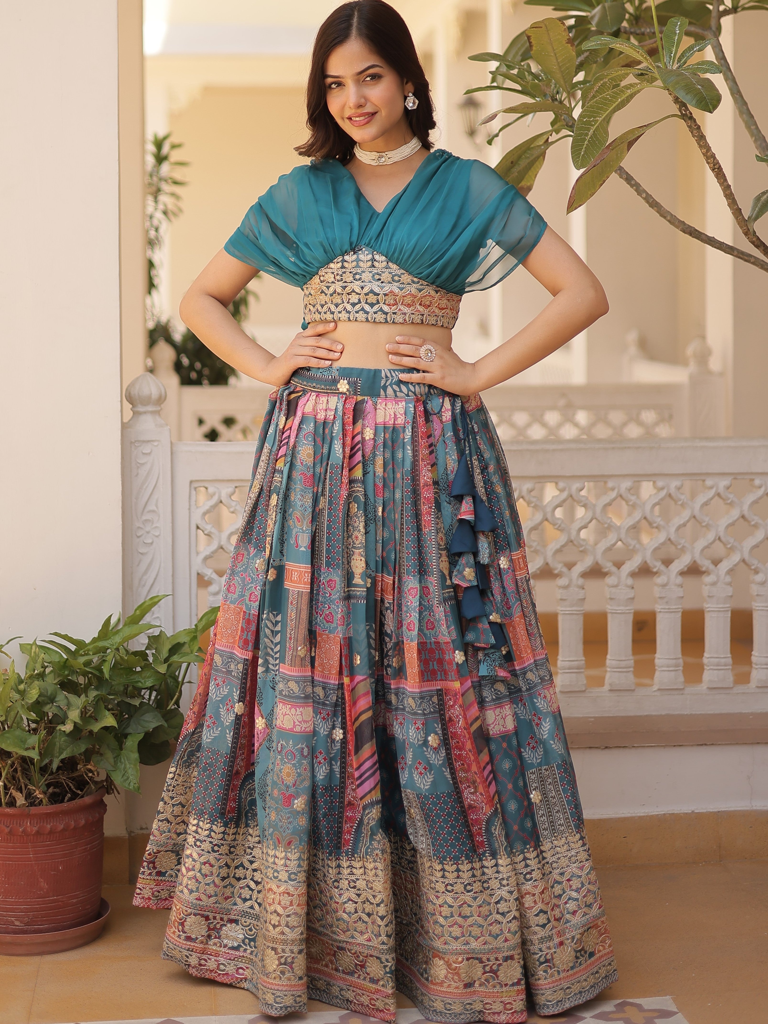 Digital Printed Russian Silk Foil Embroidered Lehenga