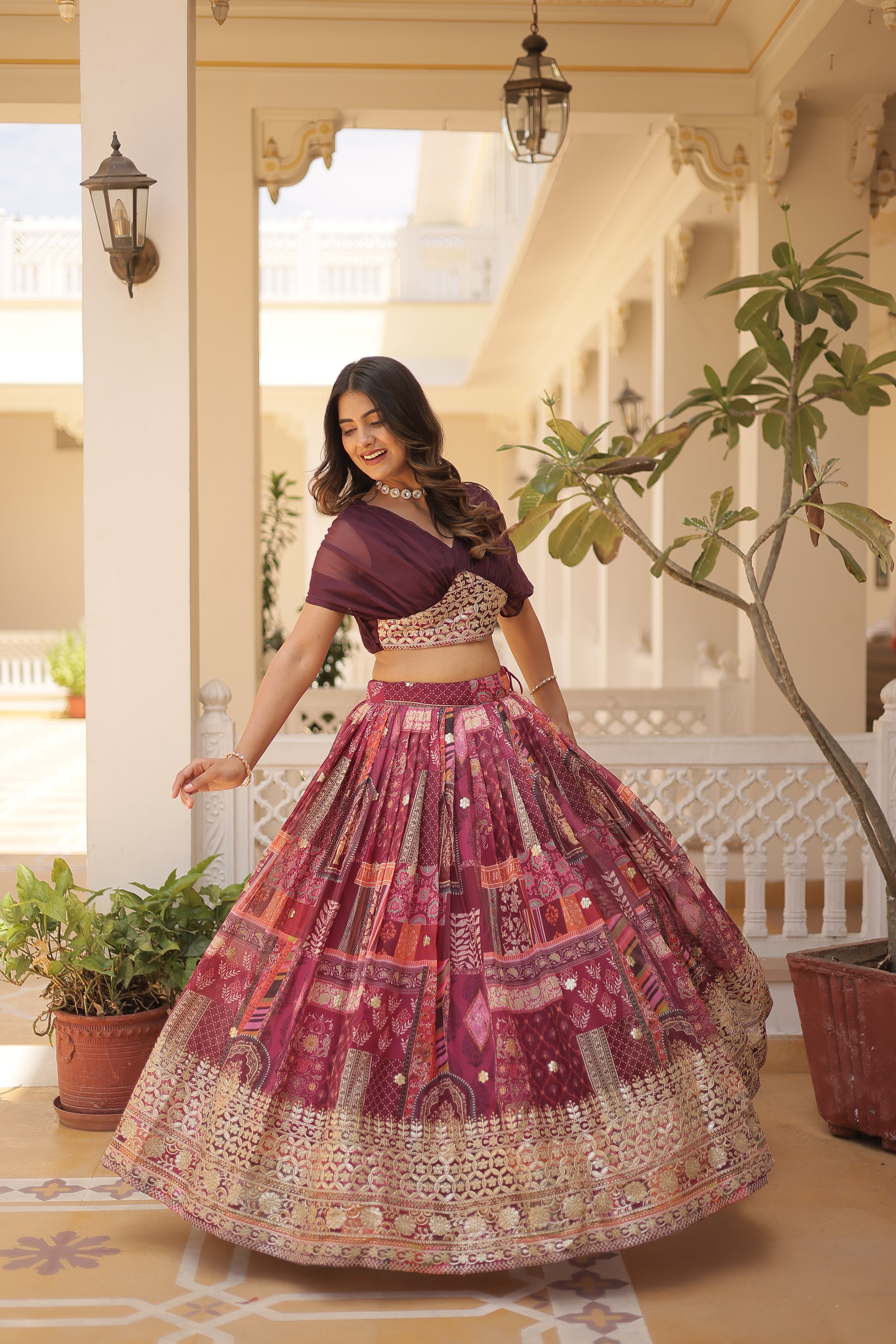 Digital Printed Russian Silk Foil Embroidered Lehenga