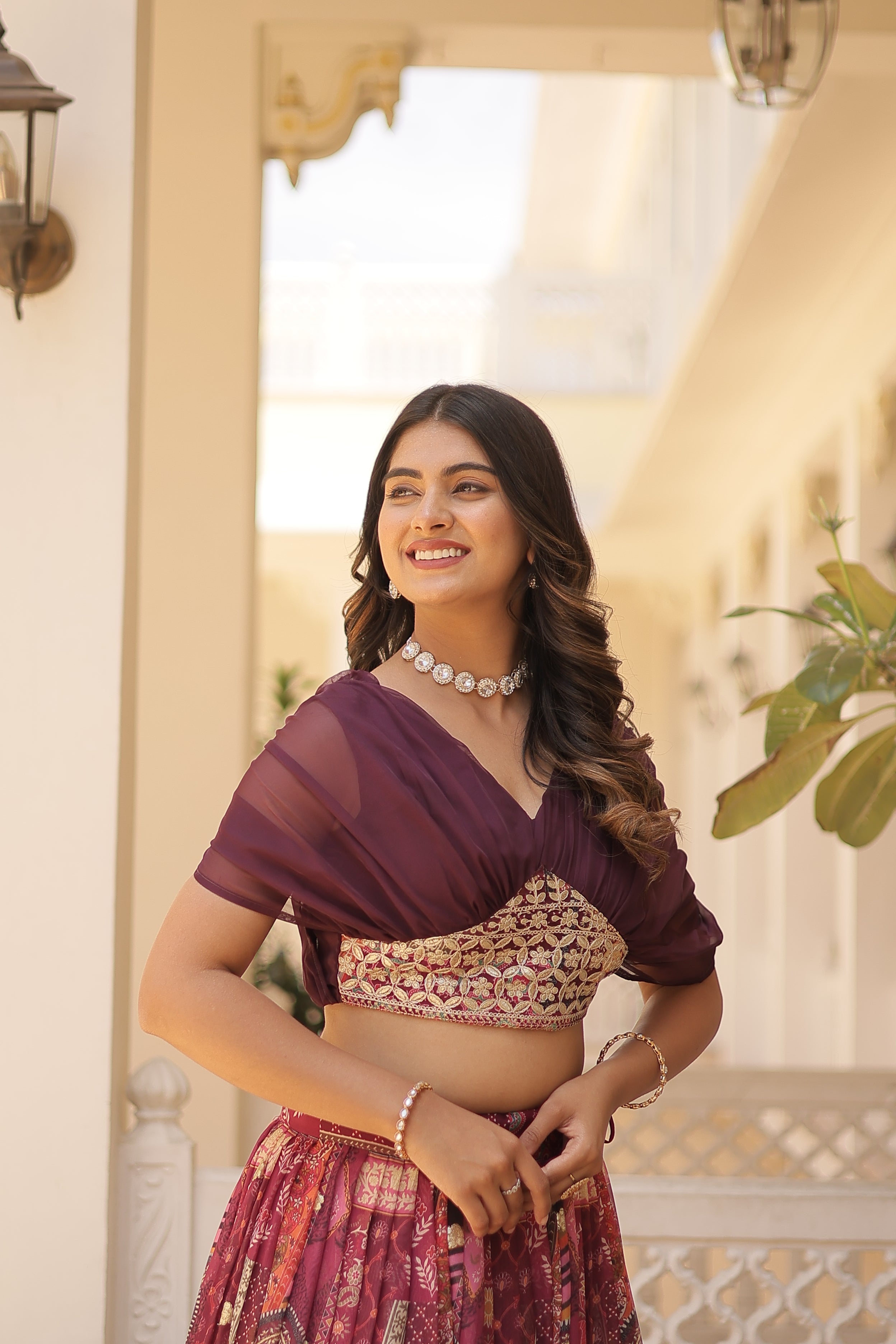 Digital Printed Russian Silk Foil Embroidered Lehenga