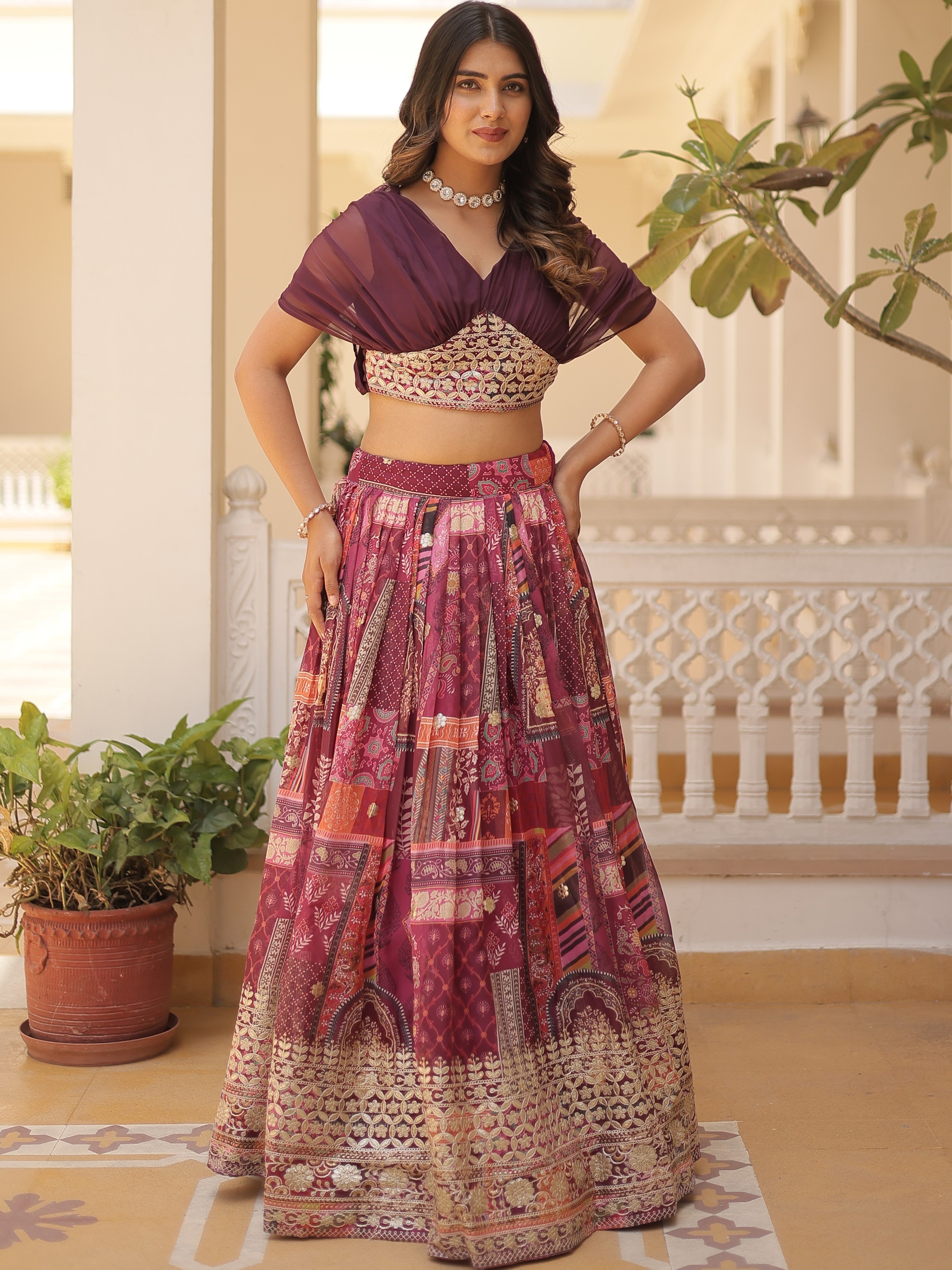 Digital Printed Russian Silk Foil Embroidered Lehenga